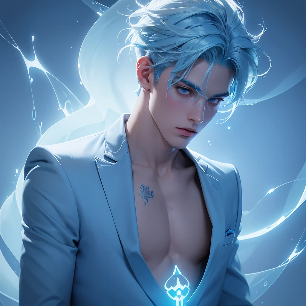 ((jewel_light element)), (  man_wearing a  blue toxedo groomsmen attire s:1.3), (man made of lightblue light: 1.2,  wavy blue hairstyle with delicate features and light:1.3), (minimalism: 0.5), (Frontal close-up angle above the waist: 1.3), 4K, HDR, acid graphics, fantasy work, [Detailed and vivid faces: 0.33], (white  glowing  blue hair: 1.3),,Silhouette outline  in toxedo handsome man, Understated elegance .. A calm and dignified atmosphere provides a subtle sense of luxury... gray smooth texture, stylish pose, fluorescent, glowing tattoo, bioluminescent tattoo, glowing pattern. A man Wearing blue toxedo