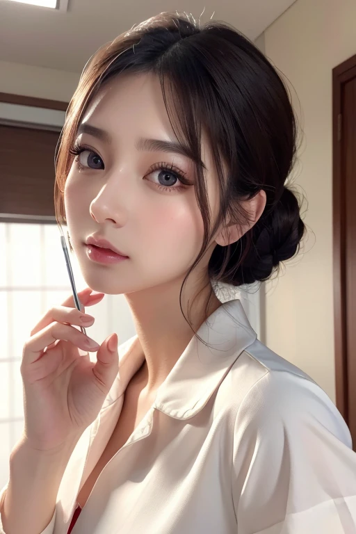 masterpiece、Highest quality、8k、Attractive beautiful large almond-shaped eyes、Big black eyes、Long eyelashes、美しい桜colorの唇、A high, well-defined nose、color々Hairstyle、美しく輝くcolor々な髪color、((Realistic:1.3))、Challenging eyes、Bold composition、Detailed face on the market、Detailed、Golden Ratio Face、Ultra-high resolution、Beautifully detailed and realistic white skin、Black nurse uniform、Hospital room、Hold the syringe、Blood collection