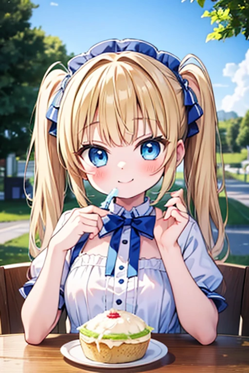 Blonde with blue eyes、Lolita、Small breasts、Twin tails、Girl Brat,Eating a large shaved ice,smile,