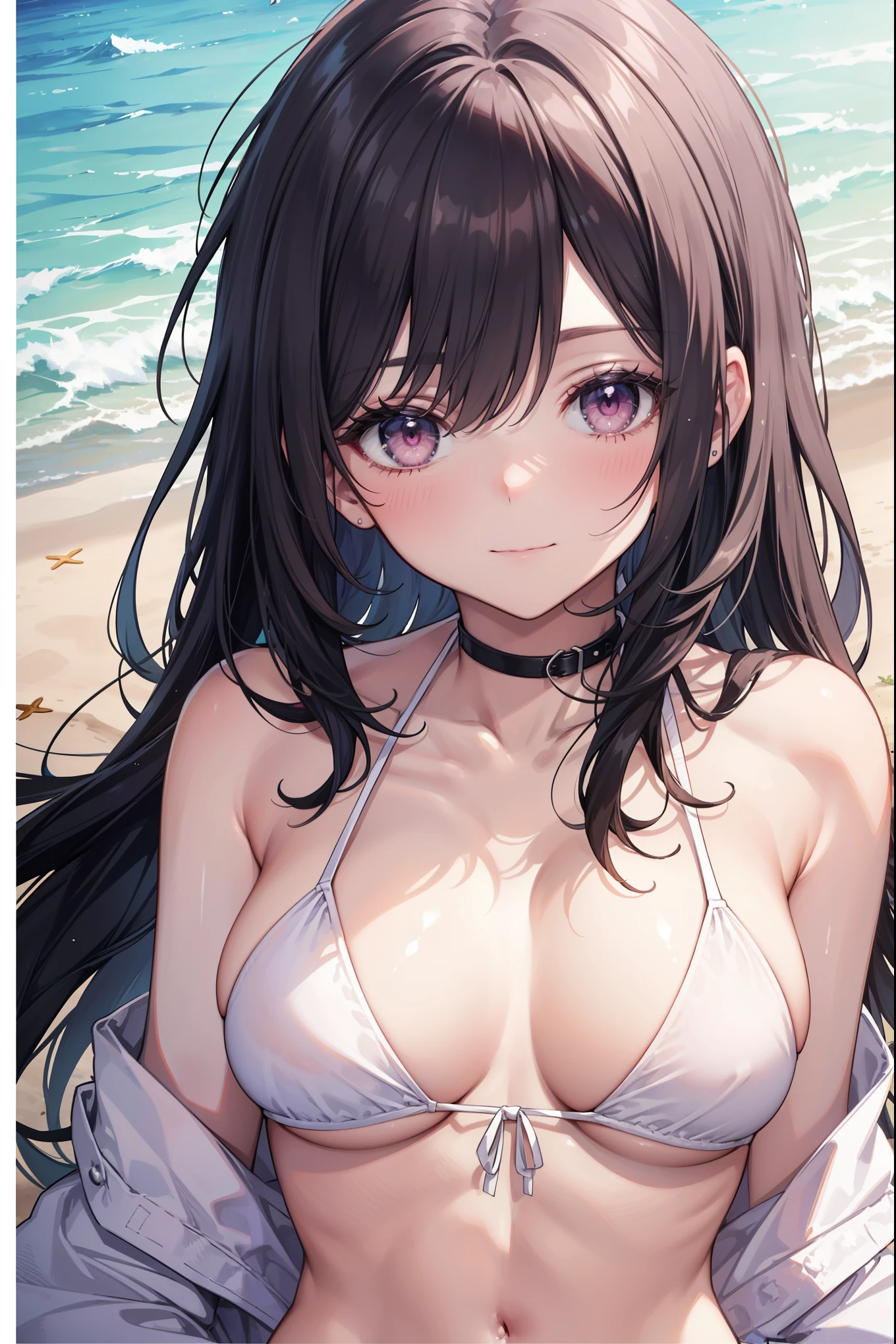 (The pieces fly, Highest quality, High resolution, Ticker, Pixel perfect, Depth of written border, In 4K),
1 girl, alone, , Beautiful Anime Girls,
View your viewers,
Perfect body,
Long Hair, Black Hair, Pink Eyes, Big Breasts,
smile, Open your mouth,
White ruffled bikini,
blush,
Beach, summer,
throw, From below, Upper Body, concentrated , Close-up shot,