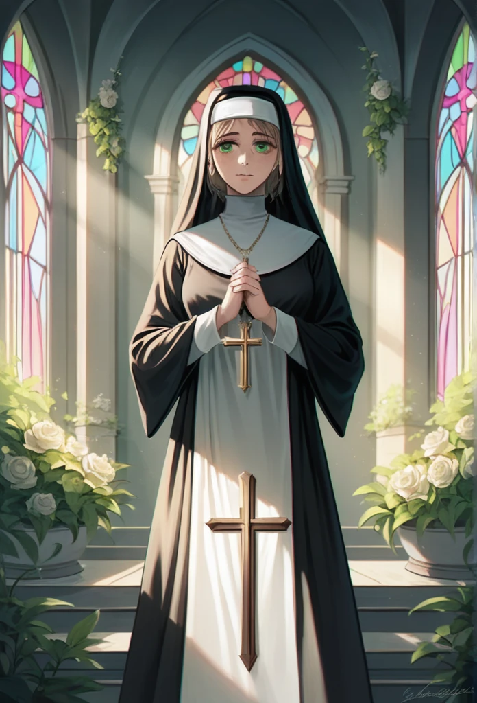 1girl, nun, dark robes, holy cross, serene expression, peaceful garden, soft sunlight, quiet atmosphere, sacred surroundings, (best quality, 4K, 8k, highres, masterpiece:1.2), ultra-detailed, painting-like, soft pastel colors, gentle lighting, aesthetic、Married Woman