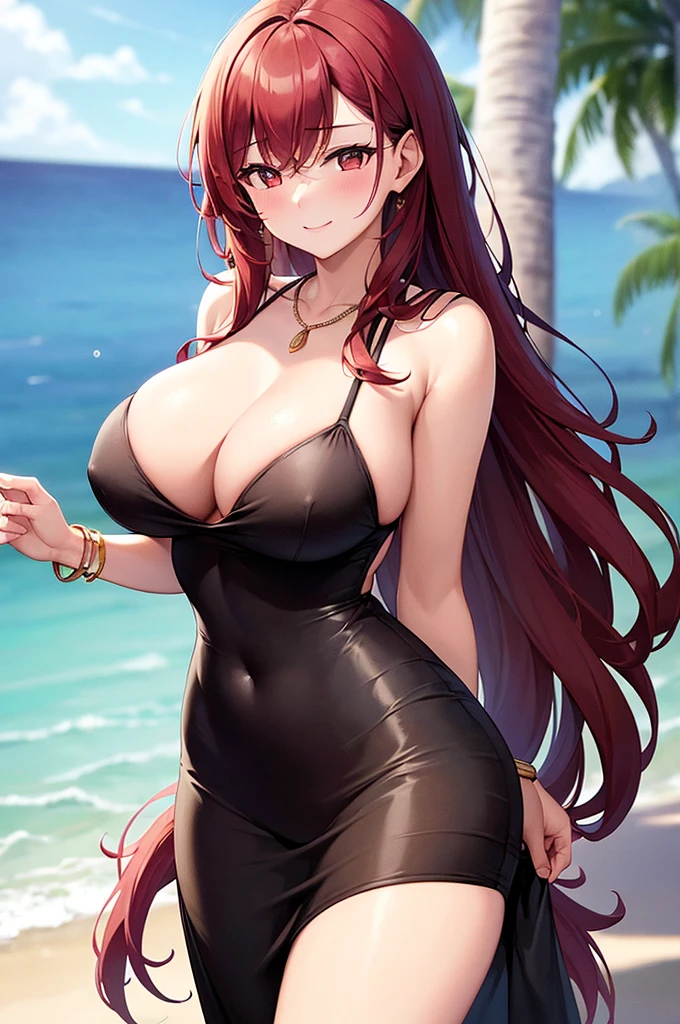 ((masterpiece, best quality, ultra-detailed)), 1girl, beautiful woman on the beach, smiling, blush, wearing black beach bra and maxi pencil skirt, necklace, bracelet, wavy red hair, leaning forward, summer, beach