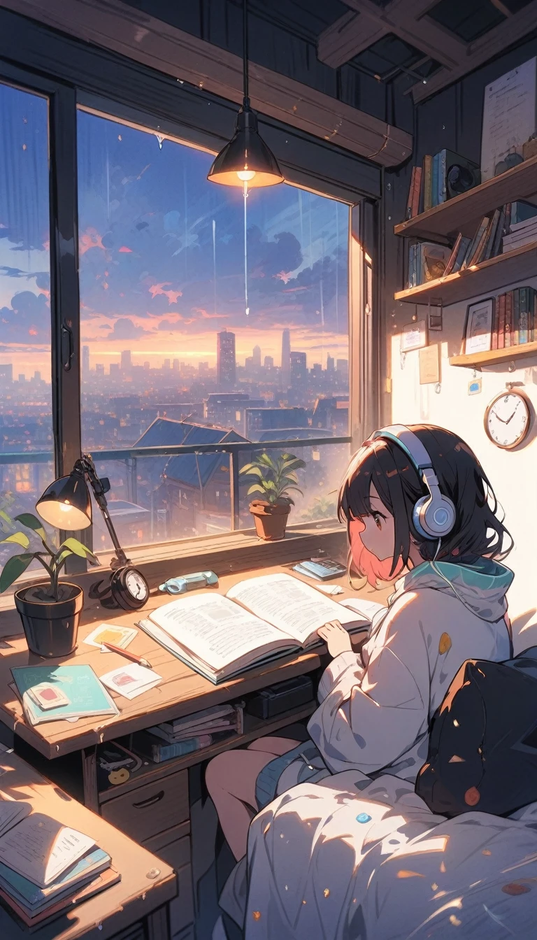 raindrops on window, steamy mug, desk lamp, scattered papers, open textbook, ticking clock, cozy blanket, headphones, potted plant, rain-streaked glass, pencil holder, notebook doodles, soft lighting, foggy cityscape, bookshelf shadows, laptop glow, crumpled drafts, half-eaten snack, window condensation, lofi beats, looking out,1girl