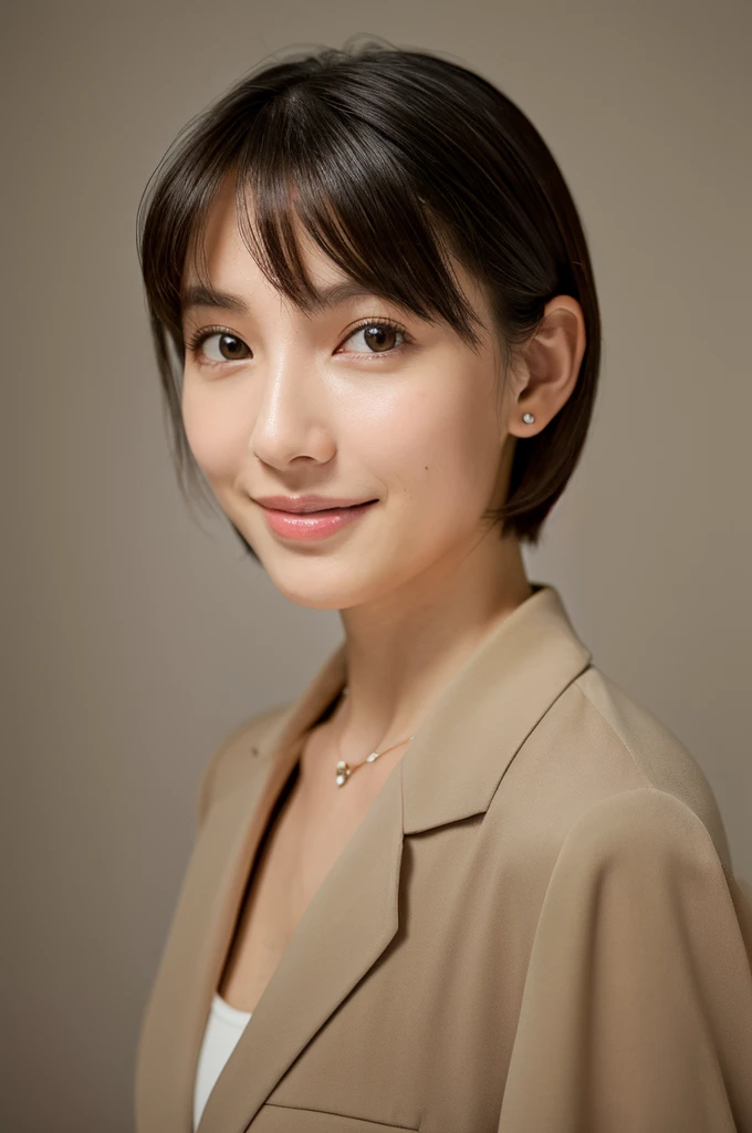 (8K, top-quality, ​masterpiece:1.3, 超A high resolution, A hyper-realistic), High Detail, ((Face like the real thing)), Photorealsitic, Raw foto, ((one beautiful women)), 28 year old, Detailed face, beautidful eyes, realisticeyes, Eyes in Beautiful Details, (real looking skin), Beautiful skins, enticing, depth of fields, hight resolution, High pixel count, clear details, sharp photo, Natural color reproduction, Noise Reduction, High fidelity, quality, Software Updates, Optimized algorithms, Inside a luxury hotel room, everyday clothes, business casual, perfect bodies, face perfect, perfect chest, perfect teeth, Perfect tooth alignment, , Ears are visible, Looking away, Natural perspective, (Don't look your audience in the eye), a smile, kindly smile, Beautiful skins, enticing, the golden ratio, (Detal Face:1.2), profetional lighting, Lighting the face, best light, japanes，japanaese girl, Photo of a cute Japanese woman, Small necklace, Thin Silver Necklace, simple background, Casual pose, Short hair swaying in the wind