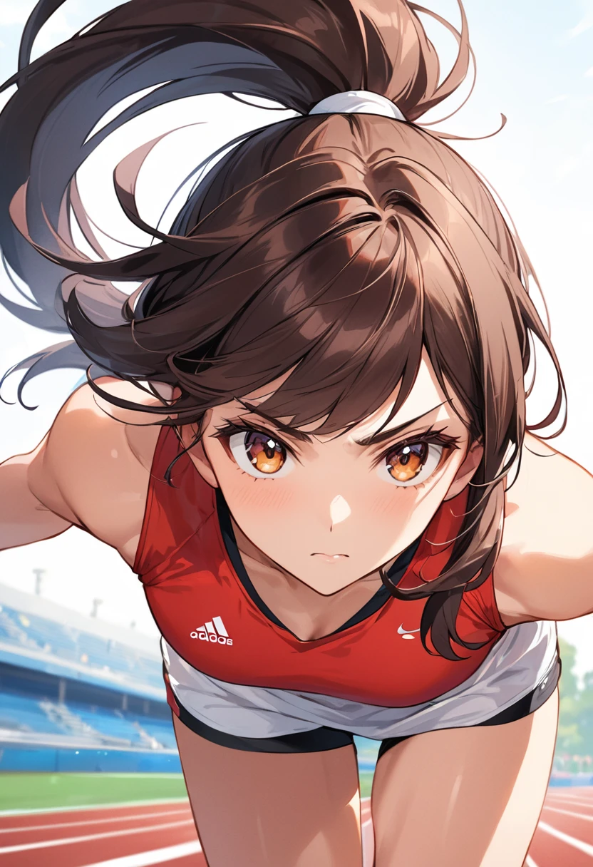 One girl, alone, Running Wear, Athletics, Crouching start pose, View your viewers, Eyebrow, ponytail, Sunburned skin, Dark brown hair, Athletics background, null, Serious face, chest, chestの谷間, Face close-up,