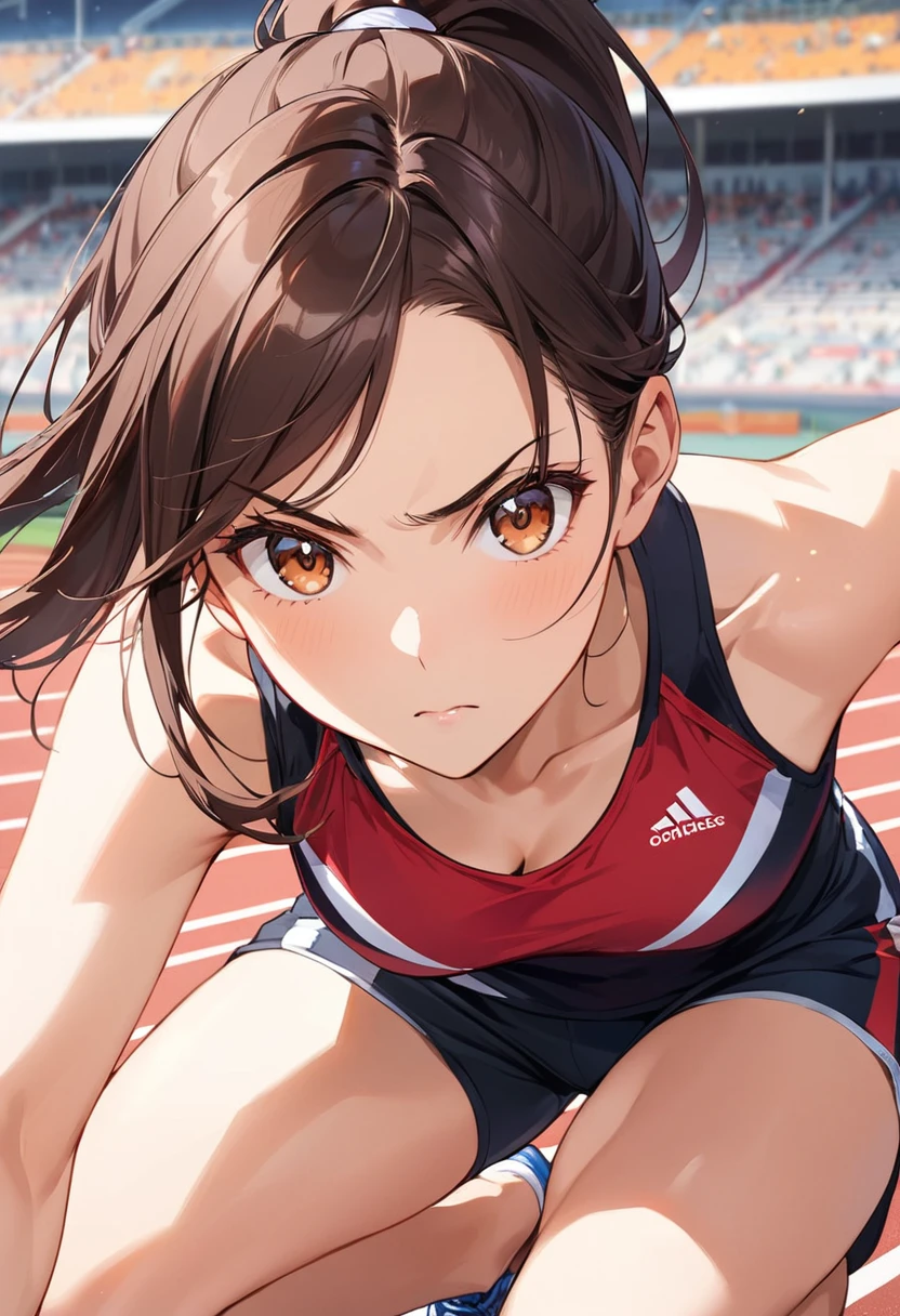 One girl, alone, Running Wear, Athletics, Crouching start pose, View your viewers, Eyebrow, ponytail, Sunburned skin, Dark brown hair, Athletics background, null, Serious face, chest, chestの谷間, Face close-up, 