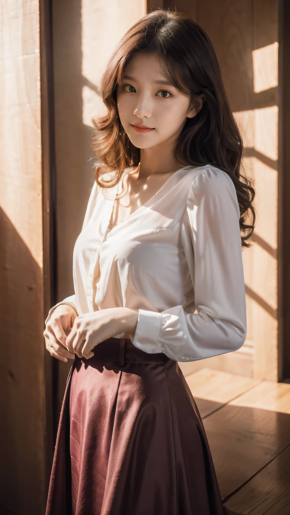 detailed background, masterpiece, best quality, 1 person , curly hair, long hair, purple eyes, star in eye ,  red silky Strapless blouse, long  skirt, sunlight and shadow, Golden hour 