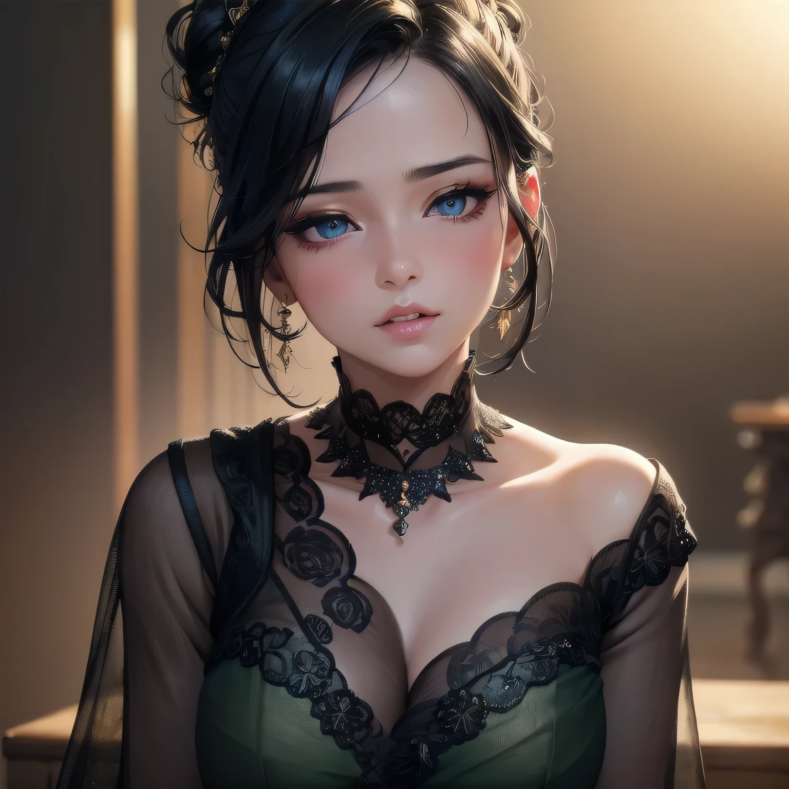 a sexy woman with black hair tied in a messy bun, beautiful detailed eyes, beautiful detailed lips, extremely detailed face, flawless skin, detailed makeup, blushing intensely, flustered expression, lustful gaze, perfect parted lips, wearing a black blouse, sheer dark green saree, dramatic lighting, dramatic shadows, cinematic composition, (best quality,4k,8k,highres,masterpiece:1.2),ultra-detailed,(realistic,photorealistic,photo-realistic:1.37),HDR,UHD,studio lighting,ultra-fine painting,sharp focus,physically-based rendering,extreme detail description,professional,vivid colors,bokeh,portraits
