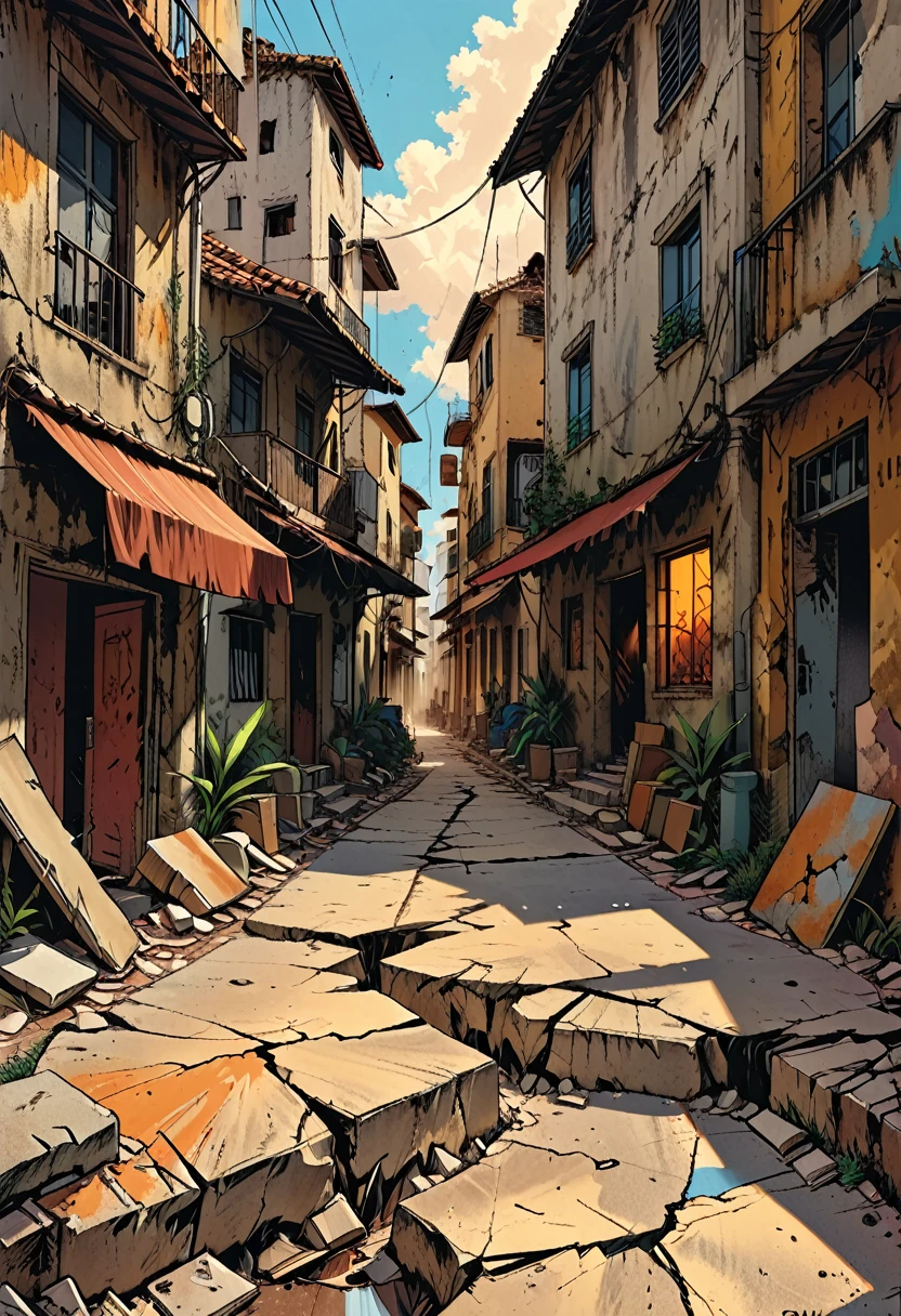 earthquake, splitting of the earth,deep crack on the ground macro close-up, tropical street with shocked people, cracks,graphic style of novel comics, 2d, 8k, hyperrealism, masterpiece, high resolution, best quality, ultra-detailed, super realistic, Hyperrealistic art, high-quality, ultra high res, highest detailed, lot of details, Extremely high-resolution details, incredibly lifelike, colourful, soft cinematic light,