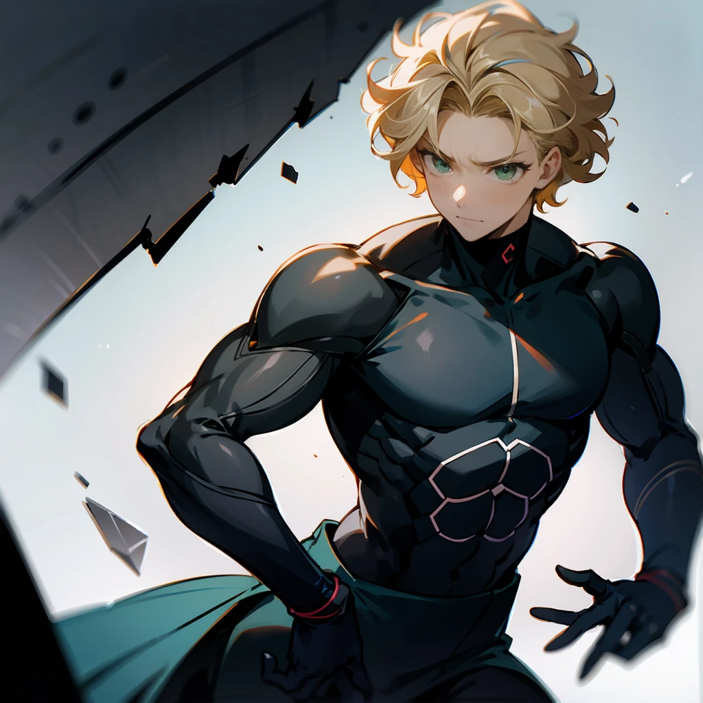 1male, Blonde Hair, Ninja Clothing , Curly Hair, White Gloves, Sci-Fi Attire, Green Eyes, Determined Expression, Muscular, Irregular, Young Male, Ruins, Searching through Debris