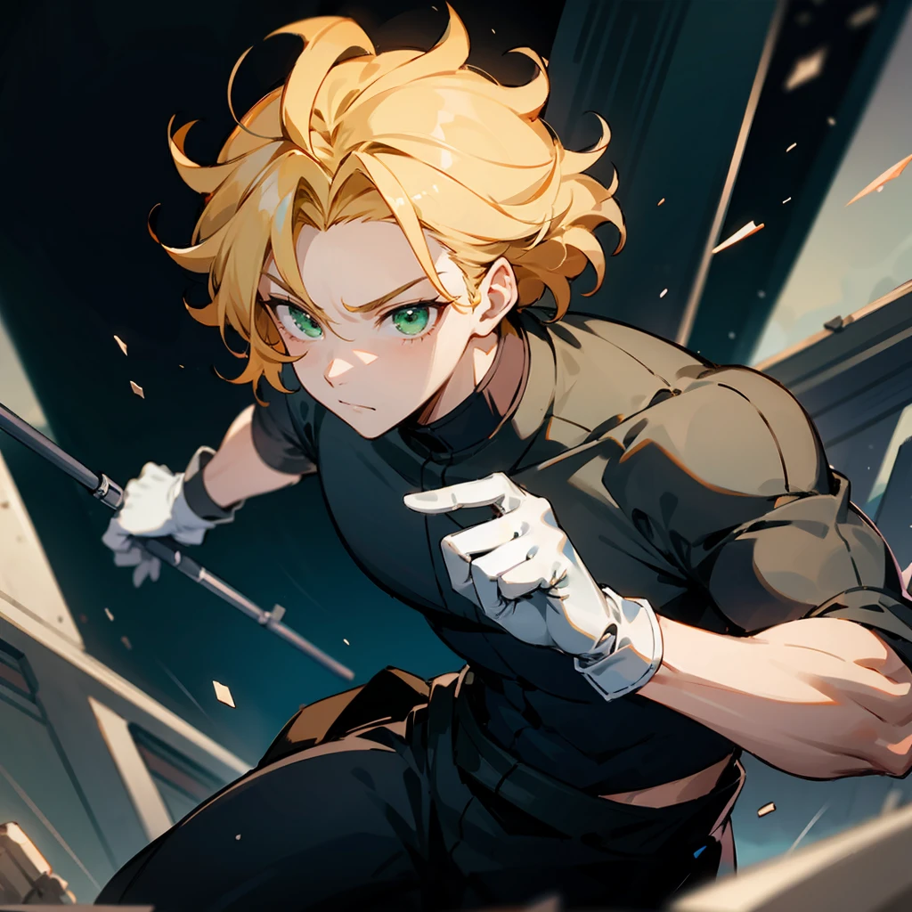 1male, Blonde Hair, Ninja Clothing , Curly Hair, White Gloves, Sci-Fi Attire, Green Eyes, Determined Expression, Muscular, Irregular, Young Male, Ruins, Searching through Debris
