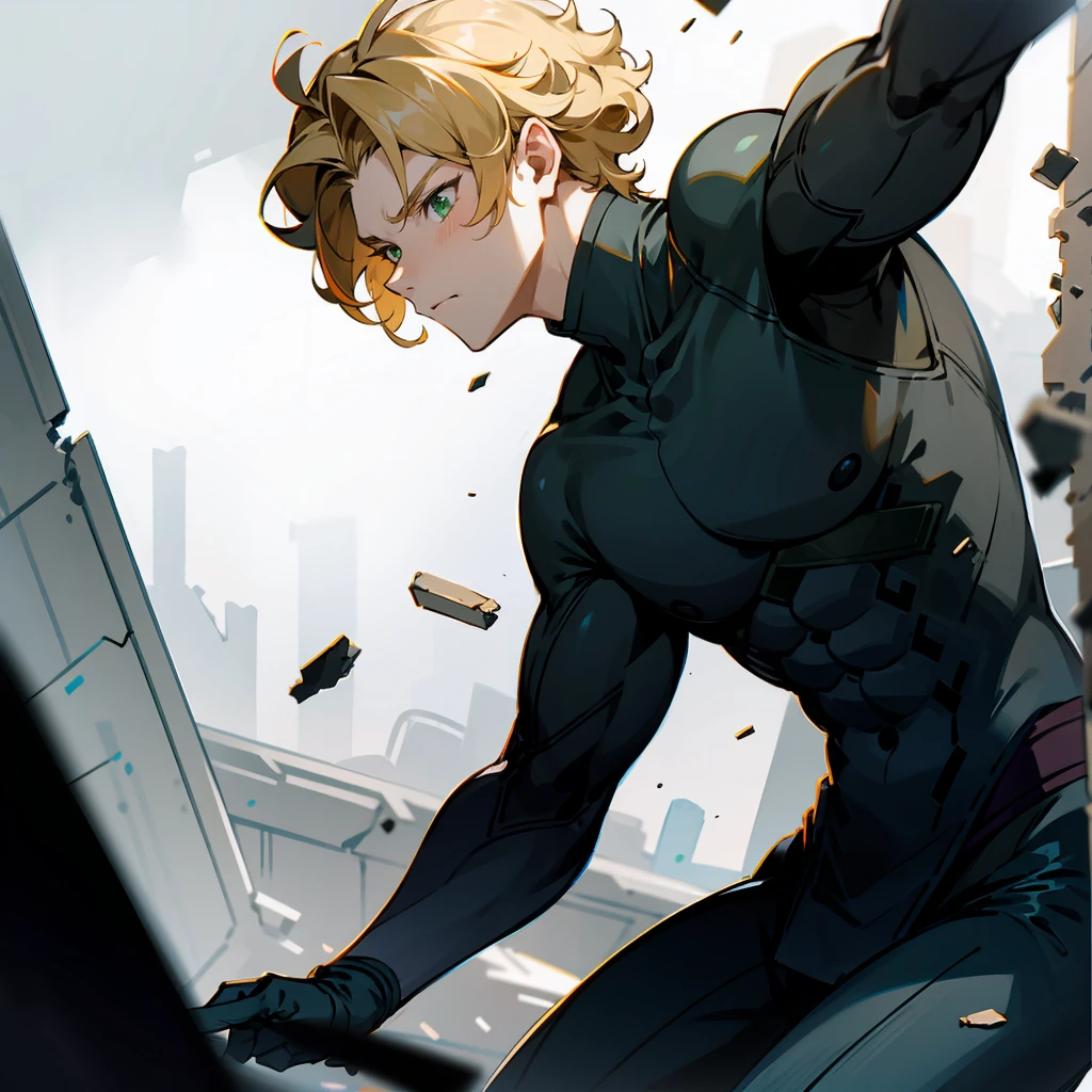 1male, Blonde Hair, Ninja Clothing , Curly Hair, White Gloves, Sci-Fi Attire, Green Eyes, Determined Expression, Muscular, Irregular, Young Male, Ruins, Searching through Debris