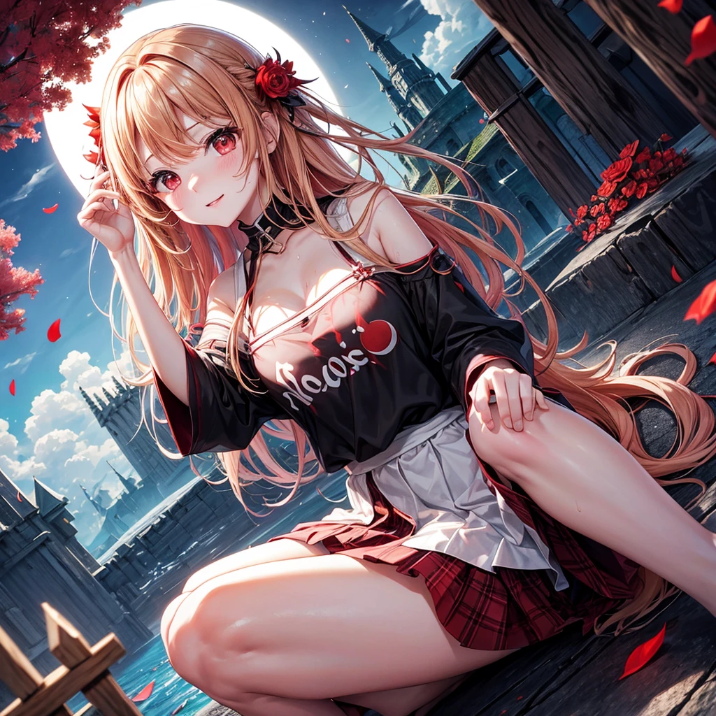 Red-blonde、Red eyes、One cute girl、solo、And soul、Light clothing、Checked mini skirt、petal、Wet hair、Sit on、black t-shirts、large tree、cloud、full moon、monster castle、lanthanum、Hell's Gate、Craft Gatekeeper、barefoot、Stones are piled up、Teeth are visible、Secret Treasure、Wooden chair、Moss grows、Fortress City、water is gushing out、Wearing sunglasses on his head