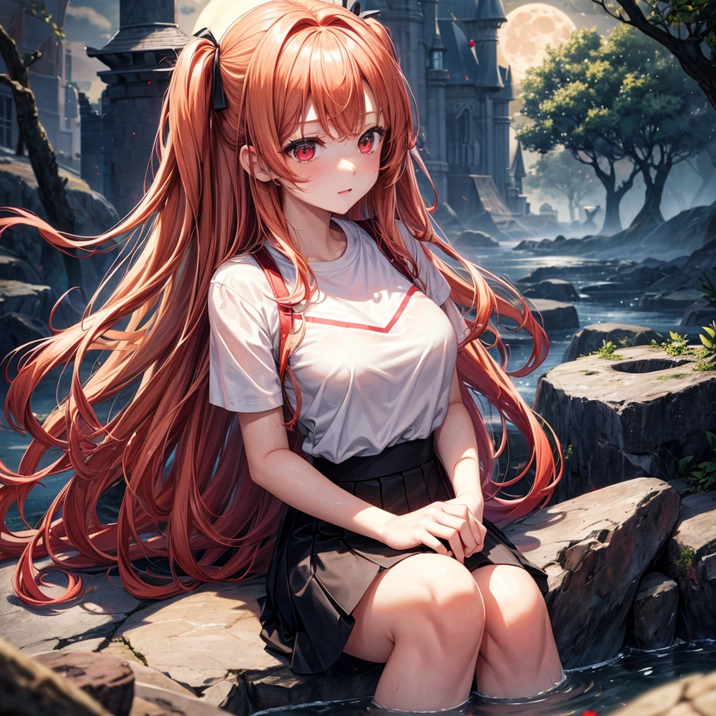 Red-blonde、Red eyes、One cute girl、solo、And soul、Light clothing、Checked mini skirt、petal、Wet hair、Sit on、black t-shirts、large tree、cloud、full moon、monster castle、lanthanum、Hell's Gate、Craft Gatekeeper、barefoot、Stones are piled up、Teeth are visible、Secret Treasure、Wooden chair、Moss grows、Fortress City、water is gushing out、Wearing sunglasses on his head