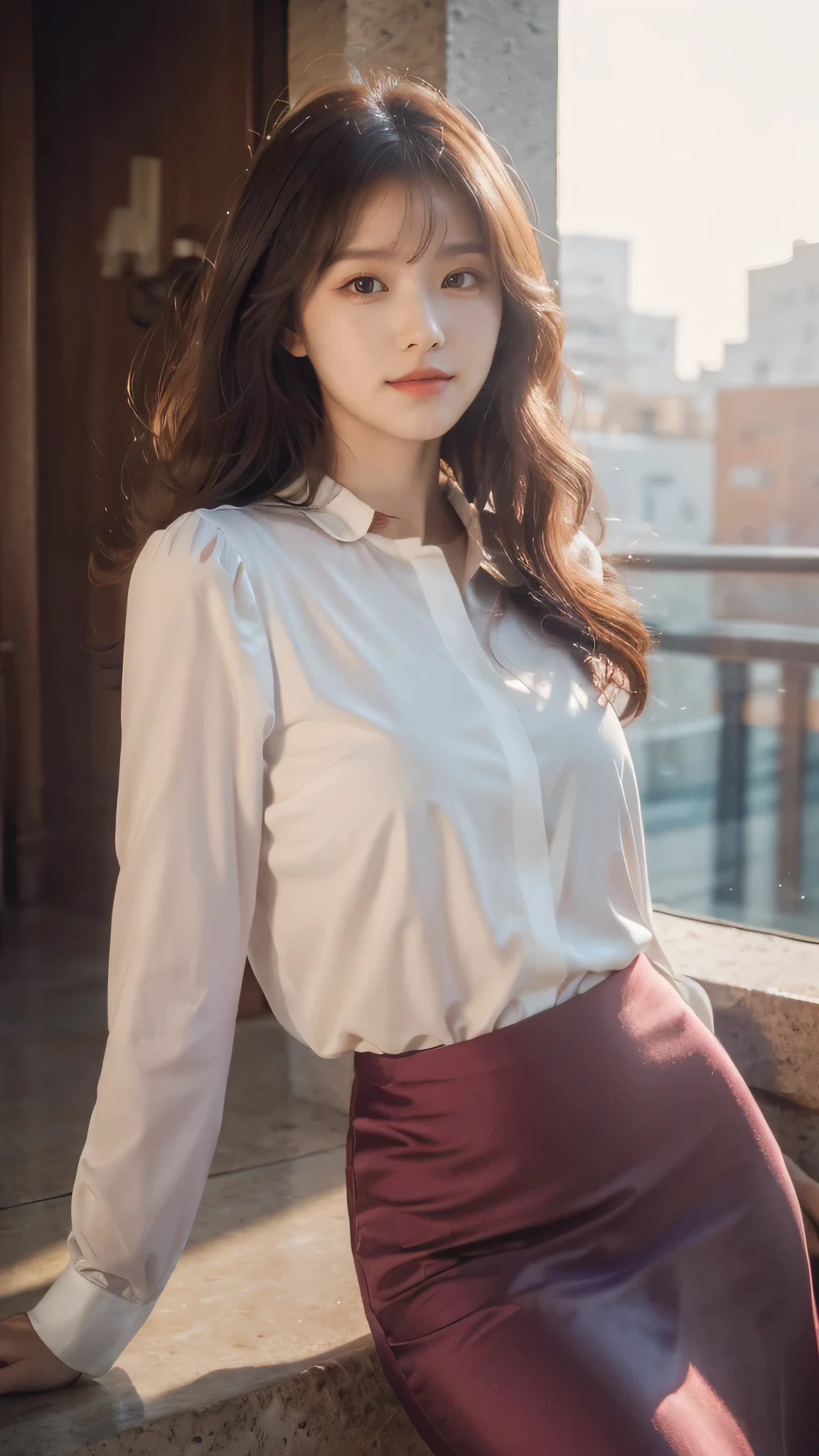 detailed background, masterpiece, best quality, 1 person , curly hair, long hair, purple eyes, star in eye , red silky Strapless blouse, long skirt, sunlight and shadow, Golden hour