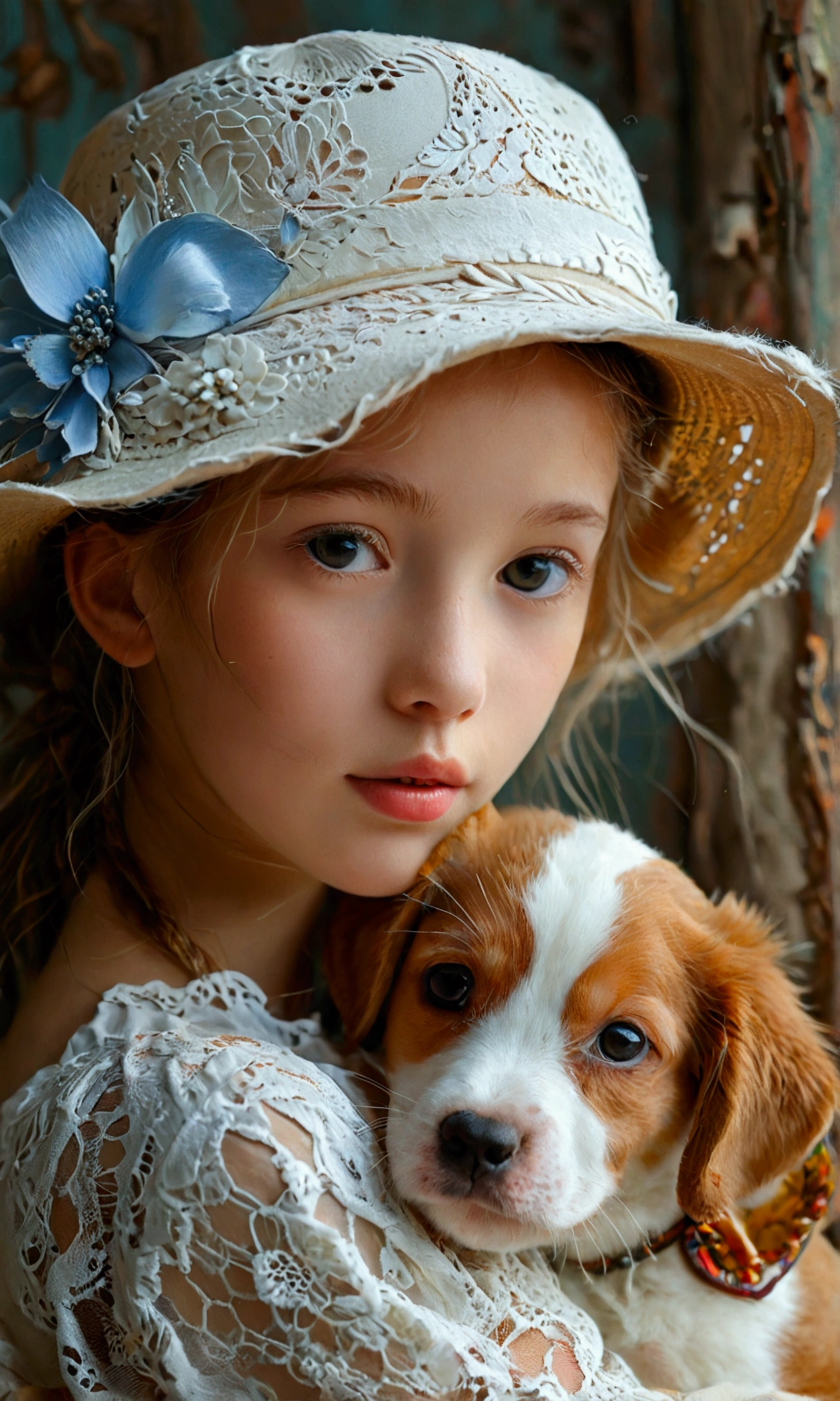 create a picture of a girl in a hat with a puppy