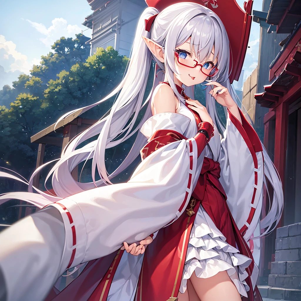 One girl, High resolution, 、solo, Pointy Ears, Blushing, Sticking out tongue, Medium Hair, Blue Eyes、Red and white shrine maiden outfit、Height: 140cm、shrine、Character Design, night、Wear glasses, Side Ponytail, Grey Hair, 