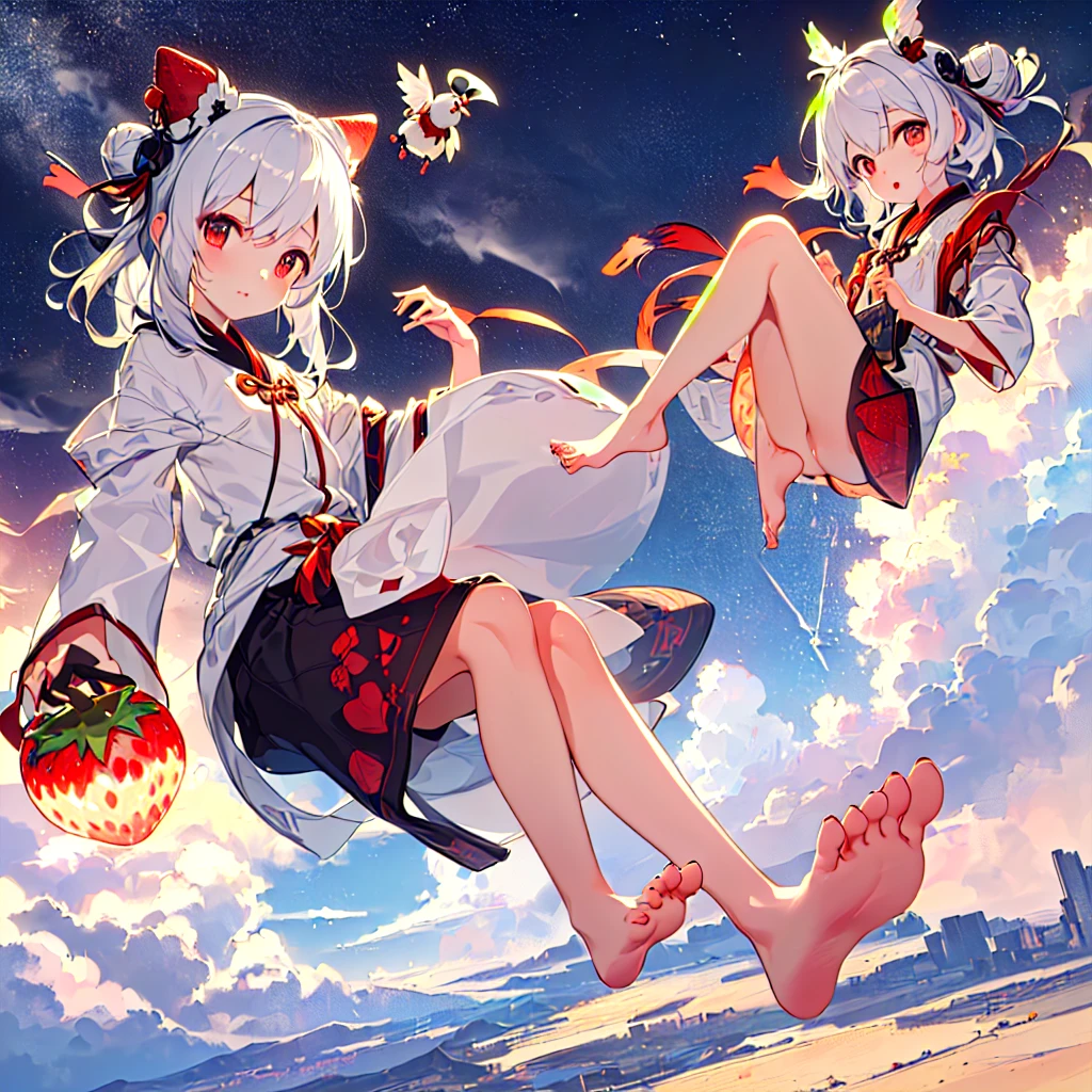((Little, Miniature, Genuine, strawberry, 3DCG, 1 girl: 1.3)), (masterpiece, Almond-shaped eyes, Shiny white-blue hair, Short bun hairstyle, Highest quality, Carefully drawn fingertips and toes, Warm clothes, Smooth and beautiful skin: 1.3), (Red cheeks, Fluffy clothes, Indifference, Expressionless,whole body,: 1.2), (In Little Tengu's daily life, He is enjoying the view as he flies through the sky on his tiny wings.. One of them soars high into the sky、Flying through the clouds. The other Little Tengu are having fun creating tornadoes in the wind. The vastness of the sky々Add color to your life.:1.2),(Little天狗の羽,night:1.3)