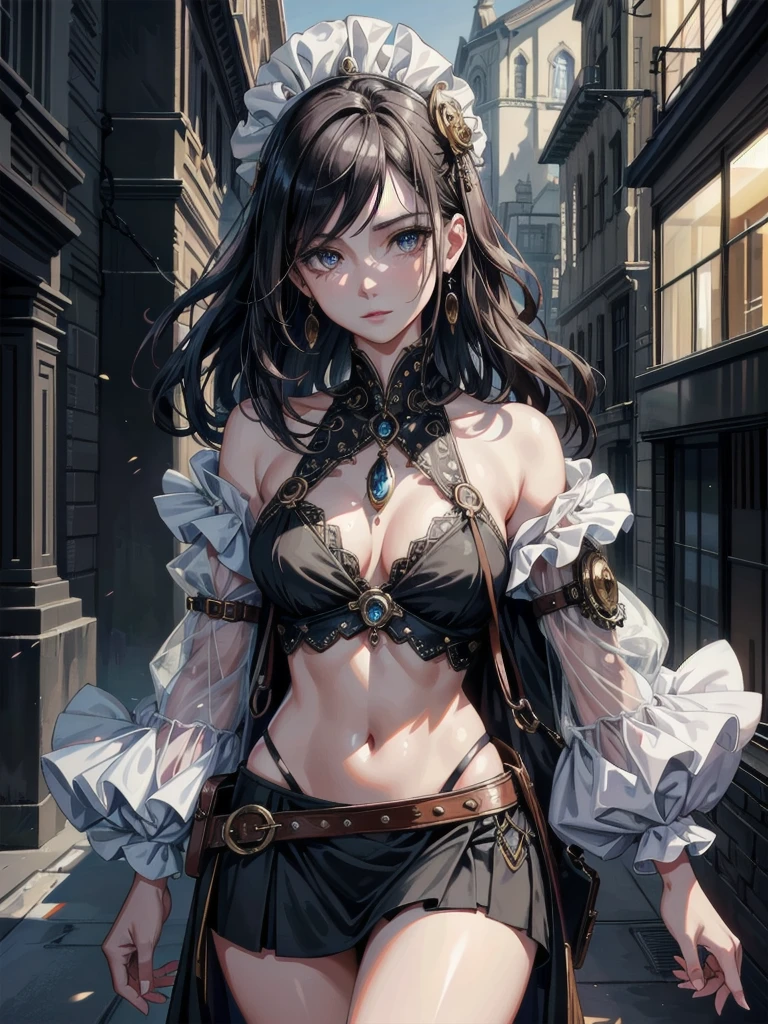 absurdres, RAW photo, extremely delicate and beautiful, masterpiece, Best Quality, ultra high resolution, 32k, hyperrealistic, ultra-detailed, perfect anatomy, anatomically correct, perfect figure, Perfect Style, Perfect balance, super Detailed skin, in her 30s, very Slim body, narrow waist, very small head, very small face, delicate facial features, handsome detailed woman, very detailed eyes and face, realistic face proportions, Realistic beautiful face, Realistic beautiful eyes, tearful mole, earring, big tits, full body shot, medium hair, asymmetrical hair, outdoor, steampunk fashion, blouse, short skirt, off shoulder,