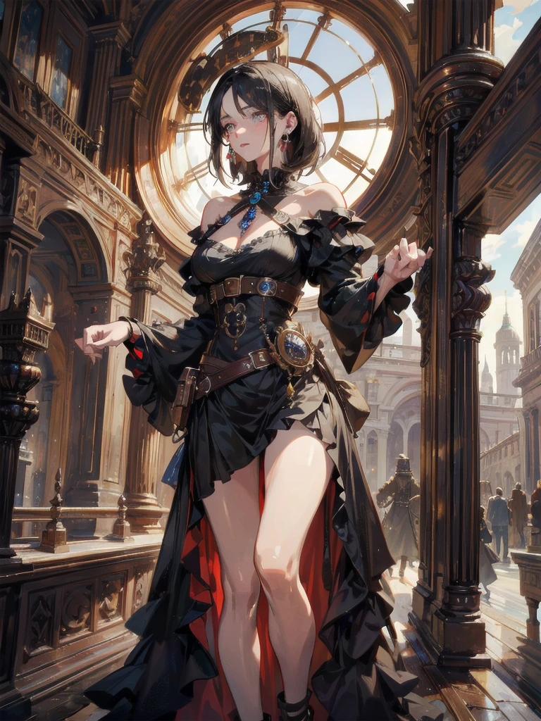 absurdres, RAW photo, extremely delicate and beautiful, masterpiece, Best Quality, ultra high resolution, 32k, hyperrealistic, ultra-detailed, perfect anatomy, anatomically correct, perfect figure, Perfect Style, Perfect balance, super Detailed skin, in her 30s, very Slim body, narrow waist, very small head, very small face, delicate facial features, handsome detailed woman, very detailed eyes and face, realistic face proportions, Realistic beautiful face, Realistic beautiful eyes, tearful mole, earring, big tits, full body shot, medium hair, asymmetrical hair, outdoor, steampunk fashion, blouse, short skirt, off shoulder,