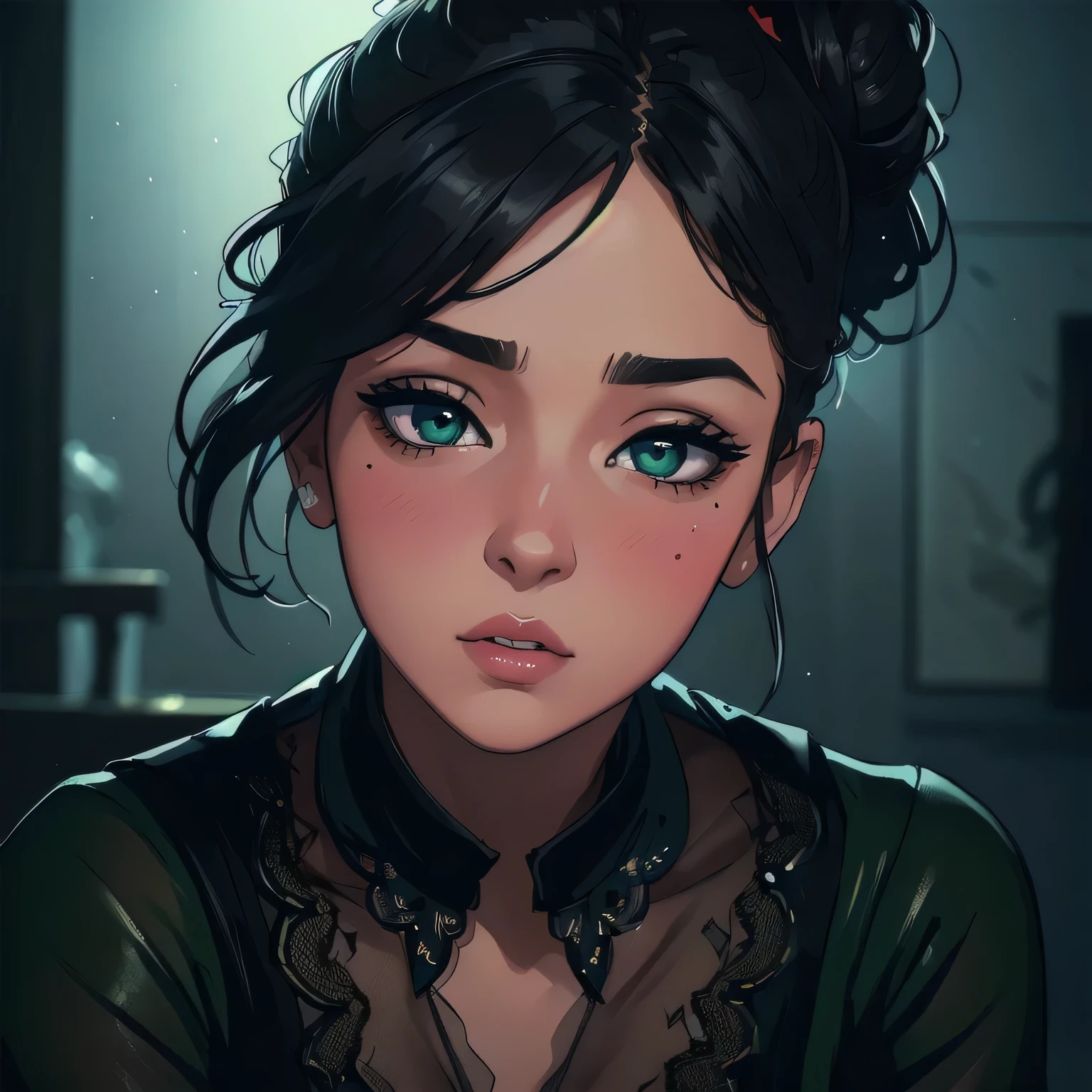 a sexy woman with black hair tied in a messy bun, beautiful detailed eyes, beautiful detailed lips, extremely detailed face, flawless skin, detailed makeup, blushing intensely, flustered expression, lustful gaze, perfect parted lips, wearing a black blouse, sheer dark green saree, dramatic lighting, dramatic shadows, cinematic composition, (best quality,4k,8k,highres,masterpiece:1.2),ultra-detailed,(realistic,photorealistic,photo-realistic:1.37),HDR,UHD,studio lighting,ultra-fine painting,sharp focus,physically-based rendering,extreme detail description,professional,vivid colors,bokeh,portraits