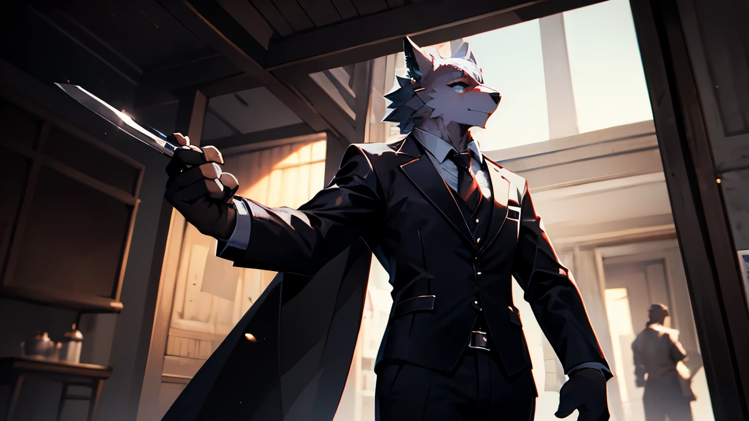white eagle furry butler, holding scalpel with fight pose and pocket scalpel at belt, highly detailed, cinematic lighting, dramatic composition, epic fantasy, digital art, award winning, vibrant colors, sharp focus, 8k, hyper realistic, masterpiece
