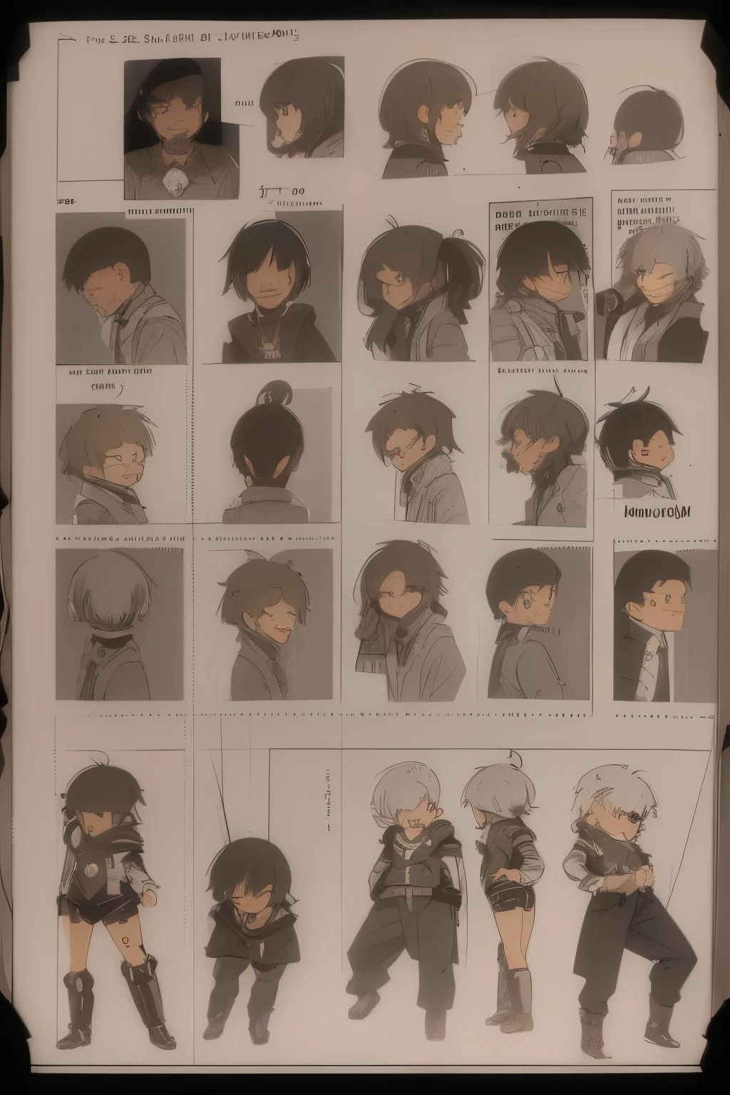"Create a high-quality, humorous chibi-style character sheet of a young man with very short hair. The character sheet should include multiple views and expressions that highlight his unique personality traits in a fun and exaggerated manner. Ensure that the character sheet includes full-body views.