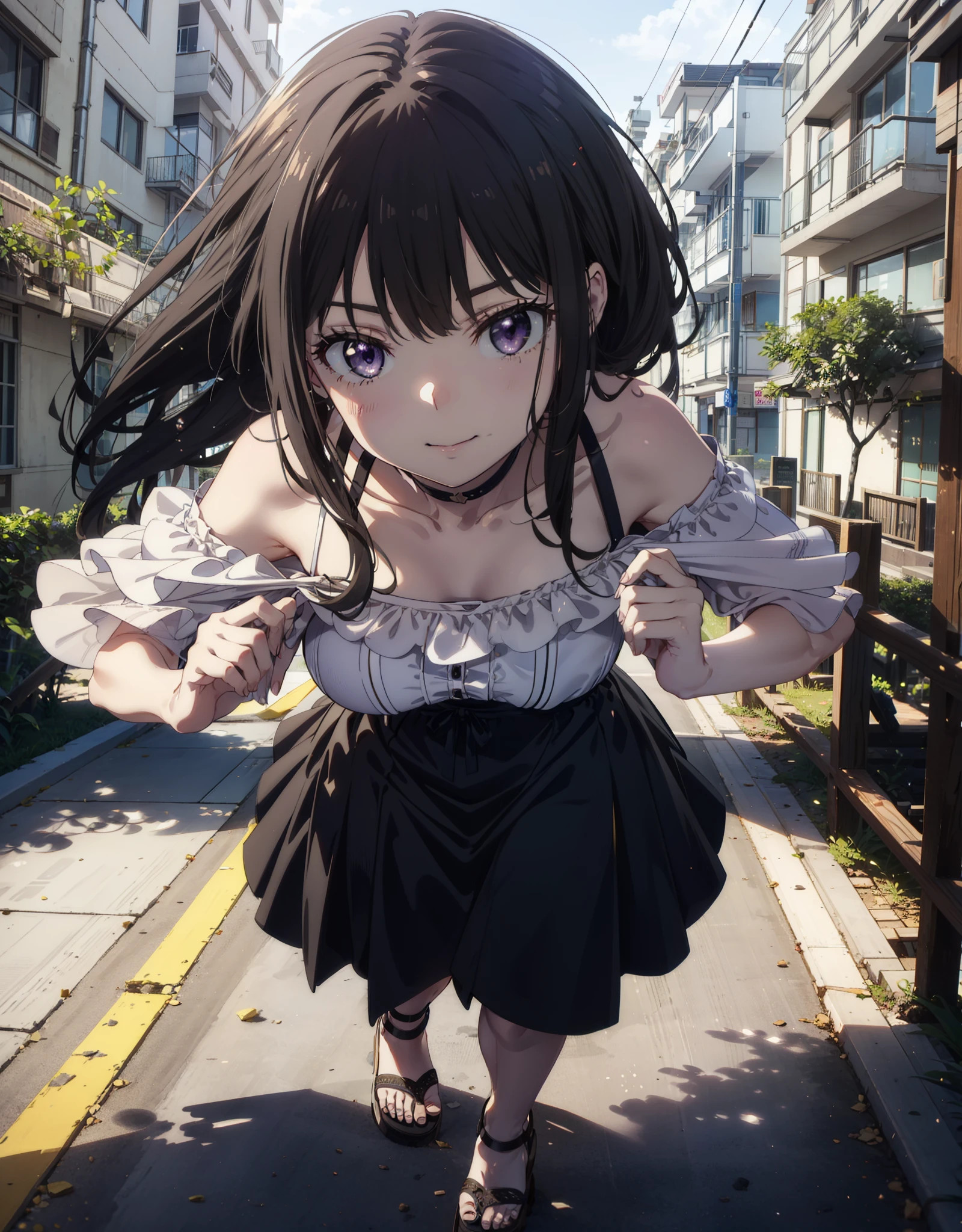 Takiuchikami, Long Hair, bangs, Black Hair, (Purple eyes:1.2),Blue off-shoulder dress,Long skirt,Heeled Sandals,Daytime,sunny,Palm tree,Walking,smile,Shut your mouth.,blush,whole bodyがイラストに入るように,
break outdoors, tropical,Building district,
break looking at viewer, whole body,
break (masterpiece:1.2), Highest quality, High resolution, unity 8k wallpaper, (shape:0.8), (Beautiful attention to detail:1.6), Highly detailed face, Perfect lighting, Extremely detailed CG, (Perfect hands, Perfect Anatomy),