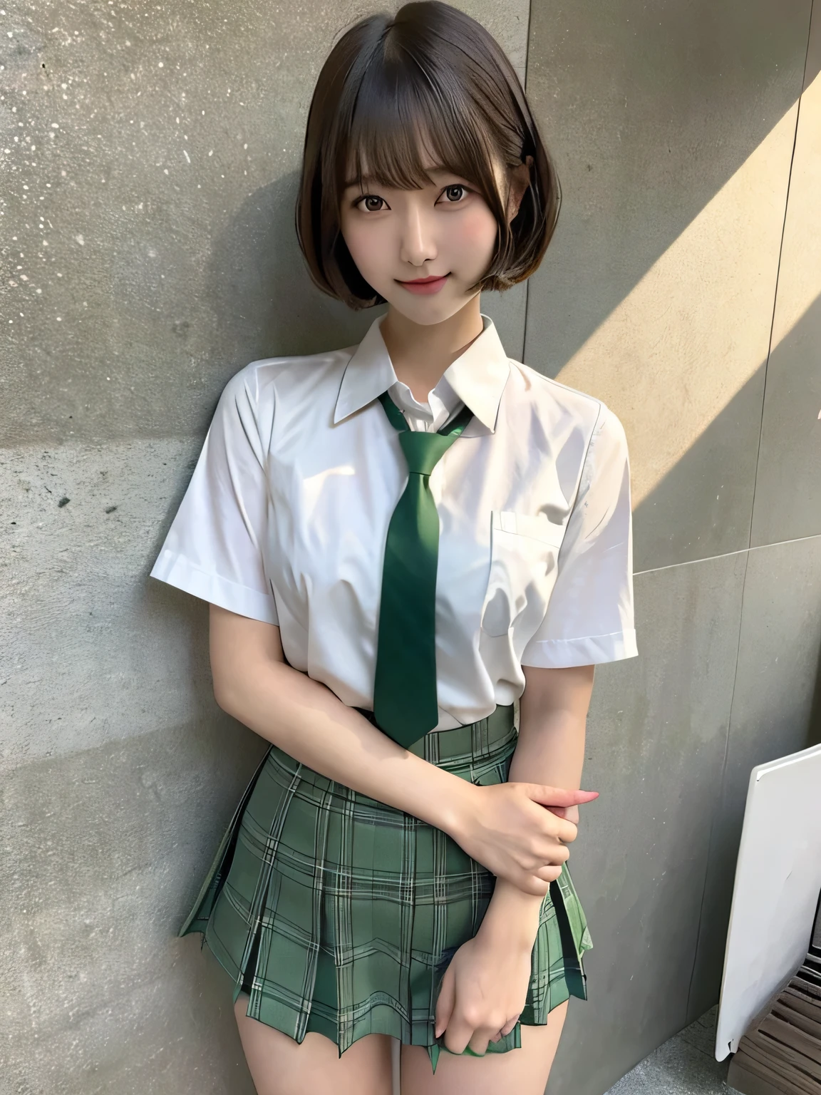 Japanese Girls、14-year-old girl、Blonde、Short Bob Cut、bangs、Brown eyes、Perfect figure、Transparency、Gloss、Glamorous breasts、、Green and red checked tie、White shirt、Green Skirt、Hirotake、Burning body、Gravure idol pose、Light blue wall、Beautiful feet、Strong sunlight、dirty、雨にWet体、Wet,I can see your thighs、smile