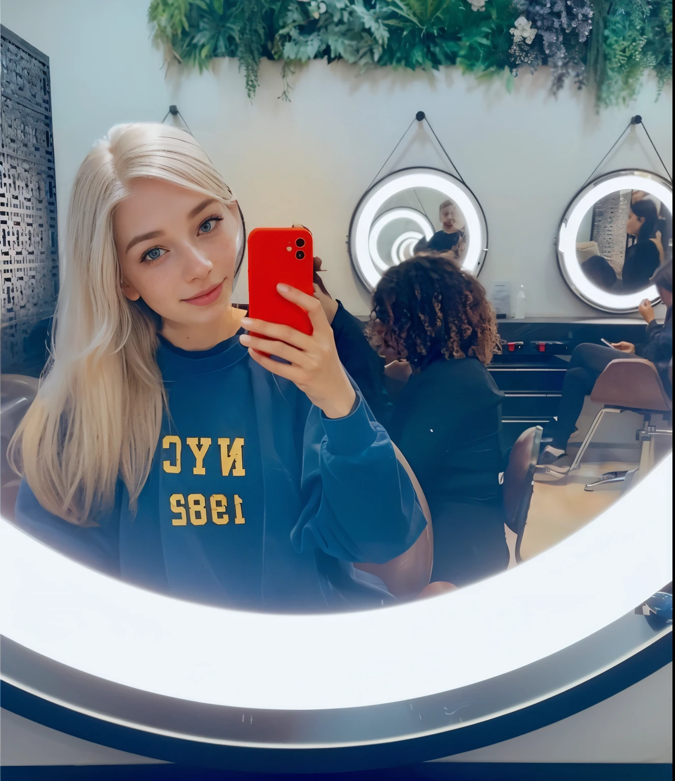 Woman, americana, age 25, pale skin and freckles, gray eyes, delicate nose, soft and delicate lips, far away, cabelo blondie far away e ondulado na altura da cintura, sweet smile, face with delicate feminine facial features, highly rendered