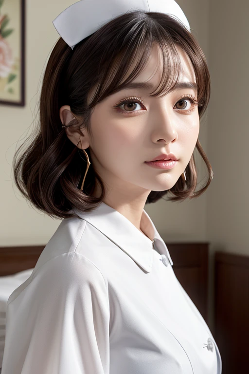 masterpiece、Highest quality、8k、Attractive beautiful large almond-shaped eyes、Big black eyes、Long eyelashes、美しい桜colorの唇、A high, well-defined nose、color々Hairstyle、美しく輝くcolor々な髪color、((Realistic:1.3))、Challenging eyes、Bold composition、Detailed face on the market、Detailed、Golden Ratio Face、Ultra-high resolution、Beautifully detailed and realistic white skin、((Black nurse clothes))、Hospital room、Hold the syringe、Blood collection