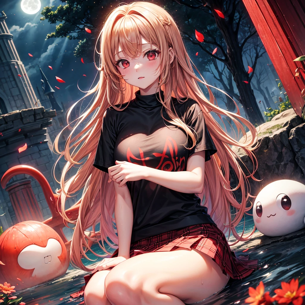 Red-blonde、Red eyes、One cute girl、solo、And soul、Light clothing、Checked mini skirt、petal、Wet hair、Sit on、black t-shirts、large tree、cloud、full moon、monster castle、lanthanum、Hell's Gate、Craft Gatekeeper、barefoot、Stones are piled up、Teeth are visible、Secret Treasure、Wooden chair、Moss grows、Fortress City、water is gushing out、The sword is stuck in the ground