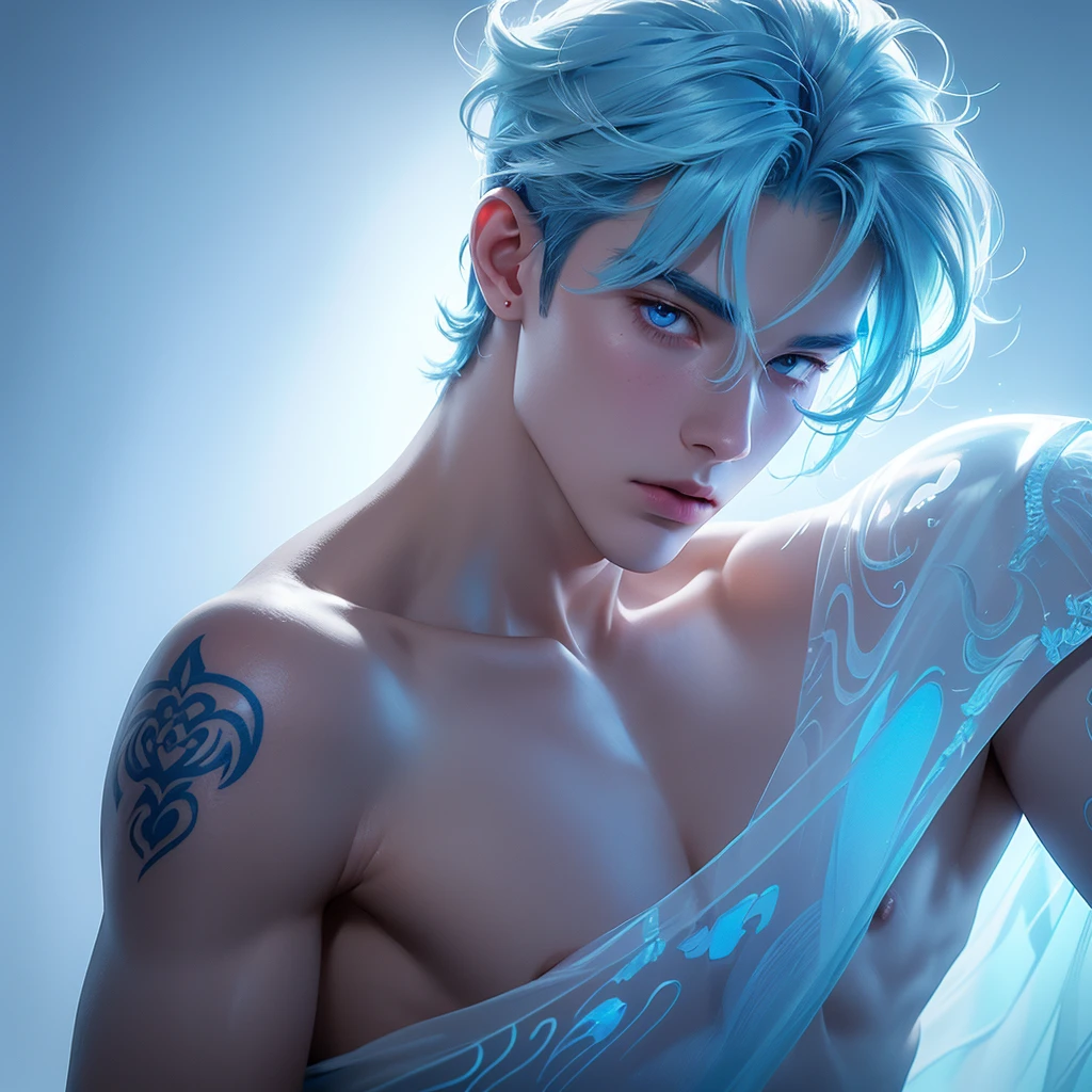 ((jewel_light element)), ( luminous man wearing a  blue toxedo groomsmen attire), (man made of lightblue light: 1.2,  wavy blue hairstyle with delicate features and light:1.3), (minimalism: 0.5), (Frontal close-up angle above the waist: 1.3), 4K, HDR, acid graphics, fantasy work, [Detailed and vivid faces: 0.33], (white translucent glowing  blue hair: 1.3),,Silhouette outline and glowing in toxedo handsome man, Understated elegance .. A calm and dignified atmosphere provides a subtle sense of luxury... gray smooth texture, stylish pose, fluorescent, glowing tattoo, bioluminescent tattoo, glowing pattern. A man Wearing blue toxedo 