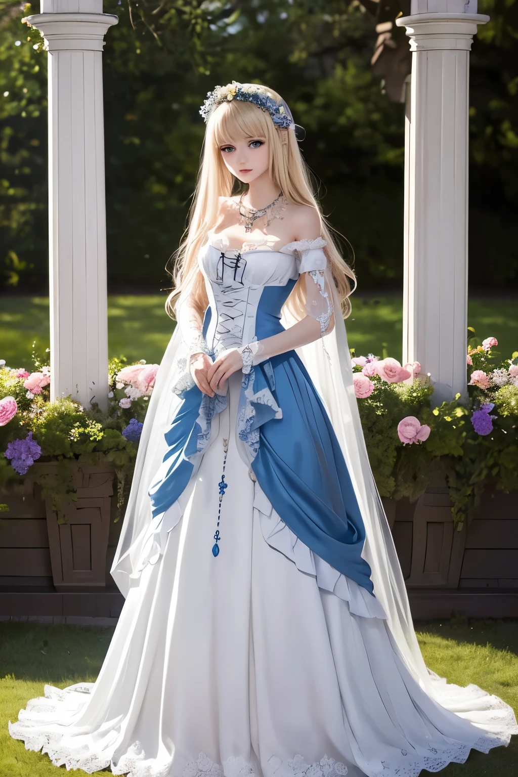 masterpiece,Highest quality,Very detailed,beautiful girl,Gorgeous white gothic lolita dress,Gorgeous necklace, teenager, (full body),Blonde,blue eyes,Perfect Face,Beautiful and detailed eyes,Beautiful Skin,skinny,Dynamic,Outdoor,Beautiful flowering garden,Lots of flowers