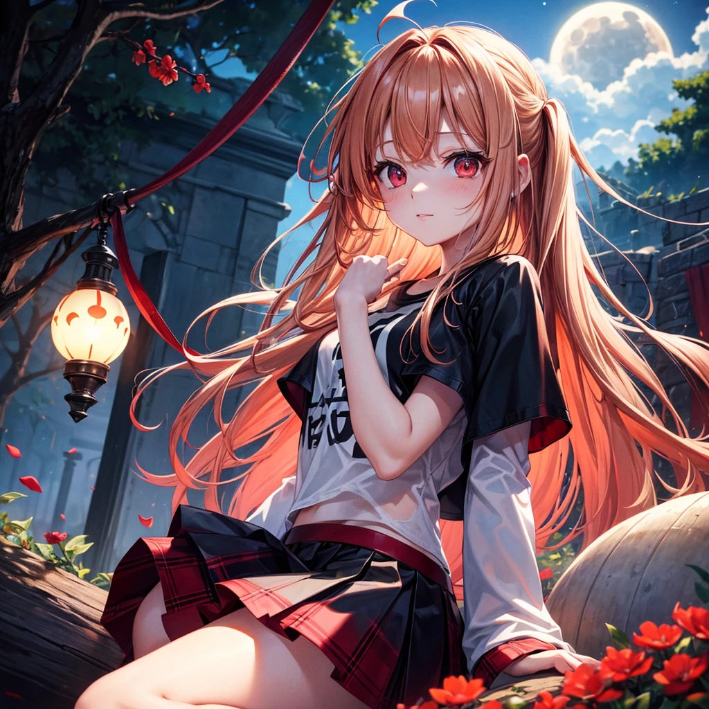 Red-blonde、Red eyes、One cute girl、solo、And soul、Light clothing、Checked mini skirt、petal、Wet hair、Sit on、black t-shirts、large tree、cloud、full moon、monster castle、lanthanum、Hell&#39;s Gate、Craft Gatekeeper、barefoot、Stones are piled up、Teeth are visible、Secret Treasure、Wooden chair、Moss grows、Fortress City、water is gushing out、The sword is stuck in the ground