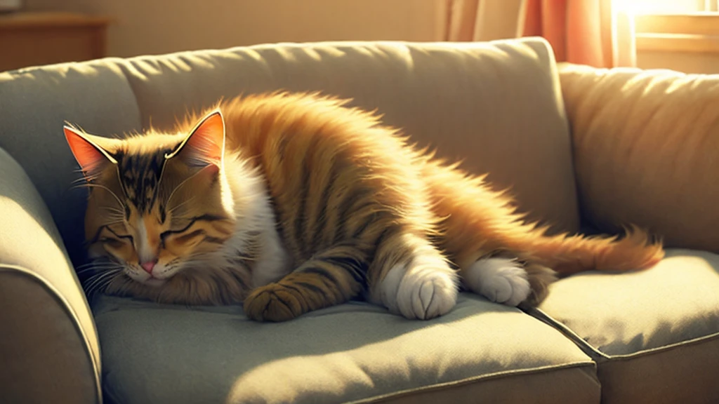 Sleeping cat　On the sofa　The sun is shining　cute　Anime-style images