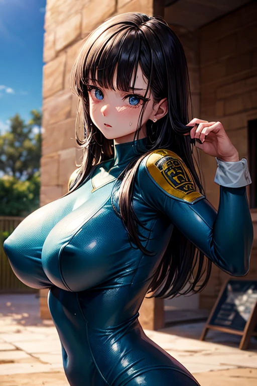 masterpiece, Highest quality, Unreal Engine, Super Resolution, Very detailed,
Beautiful woman, May, alone, blunt bangs, bangs, Long black hair, Vivid expression, Healthy Body, Beautifully detailed sweat glands, Smooth skin texture, Carefully drawn, Military rubber suit,
(humidity:1.2), Beautiful Eyes, (Attractive face:1.2), (Beautiful Skin), (Big Breasts), Puffy nipples, (Sticky with sweat), In a dynamic pose,
In the world of Dragon Ball, Outdoor, In a desert oasis