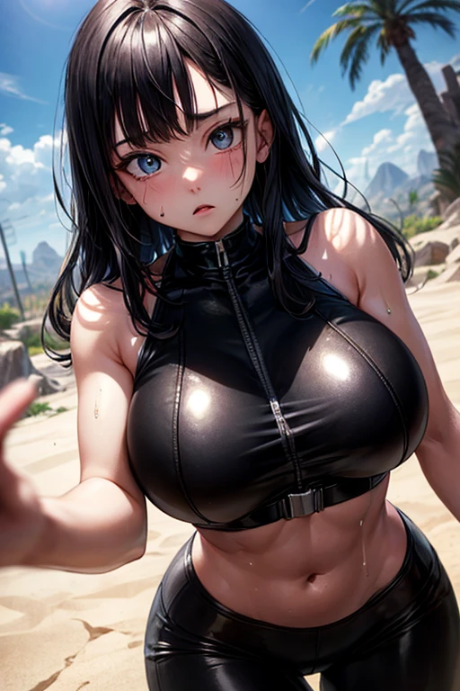 masterpiece, Highest quality,  Unreal Engine,  Super Resolution,  Very detailed, 

Beautiful woman, May, alone, blunt bangs, bangs, Long black hair, Vivid expression, Healthy Body, Beautifully detailed sweat glands, Smooth skin texture, Carefully drawn, Military rubber suit,   

(humidity:1.2), Beautiful Eyes, (Attractive face:1.2), (Beautiful Skin), (Big Breasts), Puffy nipples, (Sticky with sweat), In a dynamic pose,

In the world of Dragon Ball, Outdoor, In a desert oasis