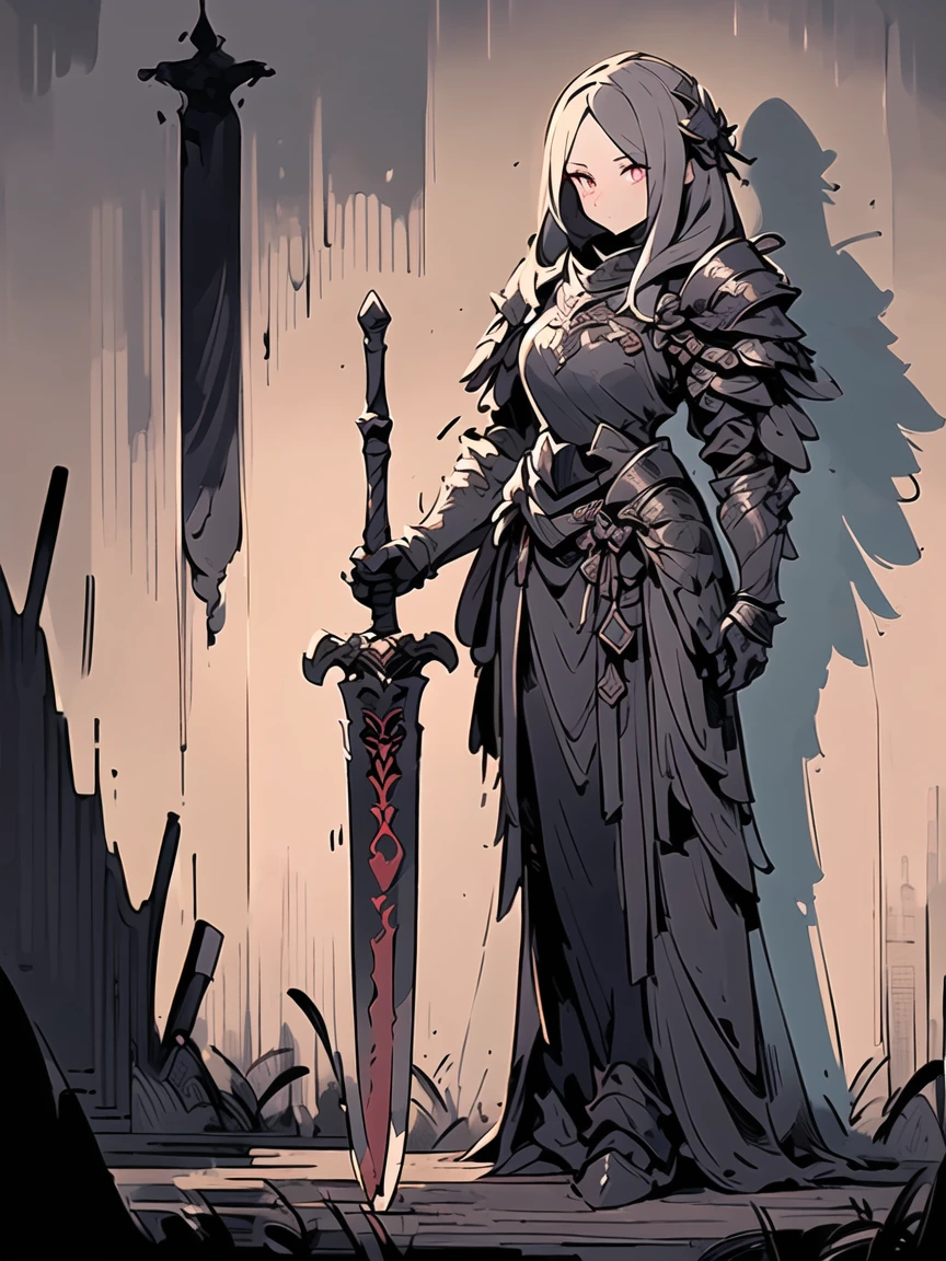 Design a layout showcase Gaming character, (1girl). Black+Gold clothes, opulent and dark, ((showcase weapon:1.4)), cursed blade, (masterpiece:1.2), (best quality), 4k, ultra-detailed, (Step by step design, layout art:1.5), (gloomy lighting, cursed atmosphere), dark knight, ((cursed gloves)), (((revealing armor:1.3))), dark vambraces, cursed boots, (((full_body_shot:1.4)))