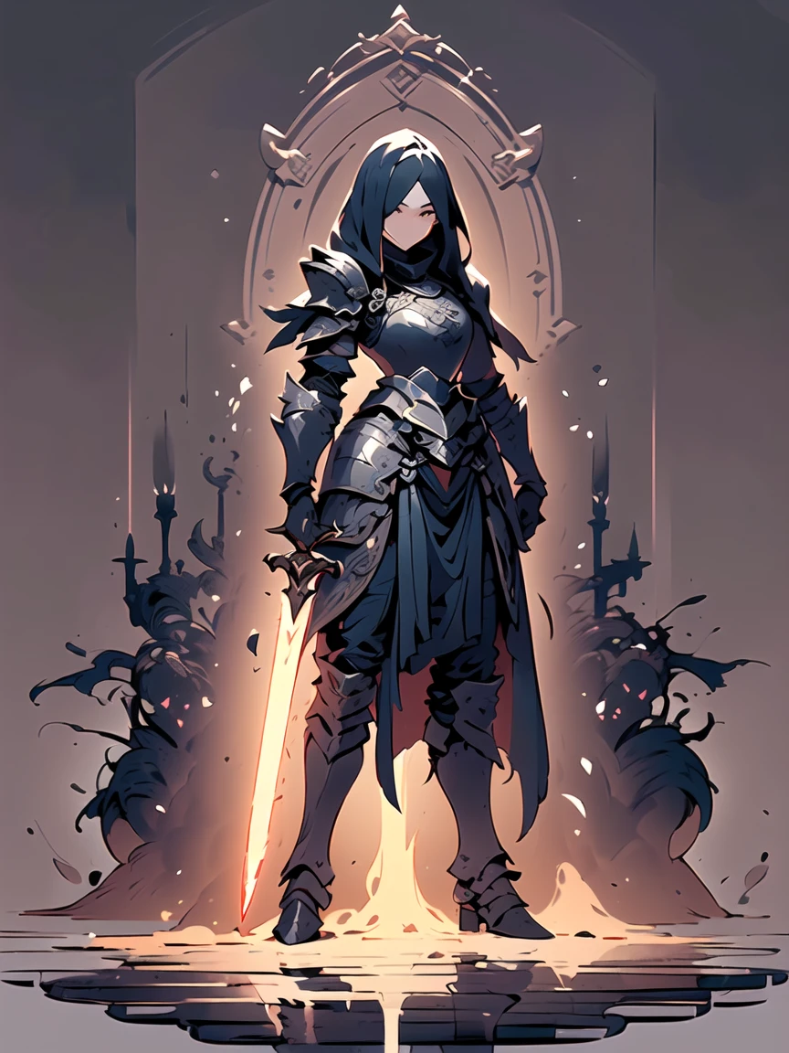 Design a layout showcase Gaming character, (1girl). Black+Gold clothes, opulent and dark, ((showcase weapon:1.4)), cursed blade, (masterpiece:1.2), (best quality), 4k, ultra-detailed, (Step by step design, layout art:1.5), (gloomy lighting, cursed atmosphere), dark knight, ((cursed gloves)), (((revealing armor:1.3))), dark vambraces, cursed boots, (((full_body_shot:1.4)))