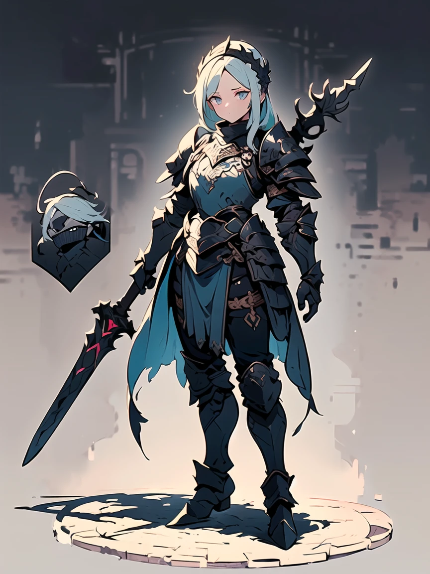 Design a layout showcase Gaming character, (1girl). Black+Gold clothes, opulent and dark, ((showcase weapon:1.4)), cursed blade, (masterpiece:1.2), (best quality), 4k, ultra-detailed, (Step by step design, layout art:1.5), (gloomy lighting, cursed atmosphere), dark knight, ((cursed gloves)), (((revealing armor:1.3))), dark vambraces, cursed boots, (((full_body_shot:1.4)))