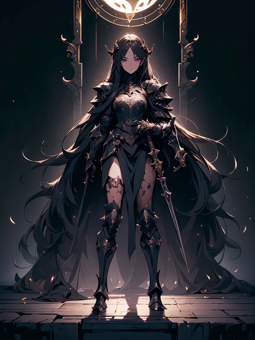 (((masterpiece, best quality, 8k))) Design a layout showcase Gaming character, (1girl),((perfect face, high detailed face)). Black+Gold clothes, opulent and dark, ((showcase weapon:1.4)), cursed blade, (masterpiece:1.2), (best quality), 4k, ultra-detailed, (Step by step design, layout art:1.5), (gloomy lighting, cursed atmosphere), dark knight, ((cursed gloves)), (((revealing armor:1.3))), dark vambraces, cursed boots, (((full_body_shot:1.4)))
