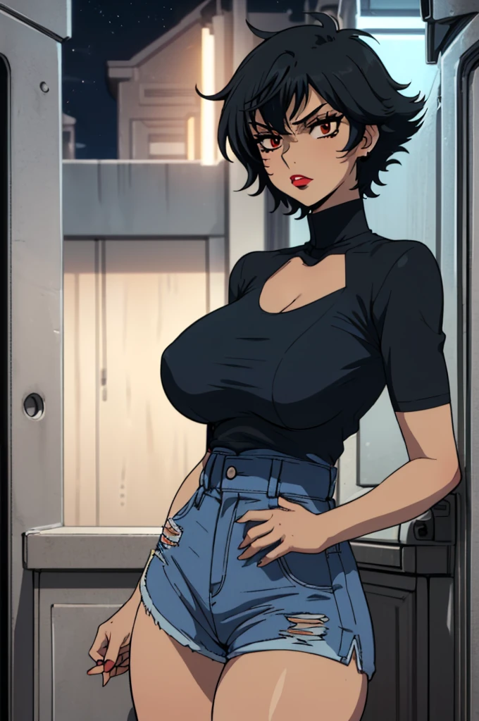 closed mouth, (), ((1girl)), ((((solo))), (((alone))), (((genderbend))), (((female))), wide hips, thick thighs, huge breast, narrow waist,  ((blue top)), (jean mini shorts), ((anime artstyle)), long eyelashes, ((long black hair)), (prostitute), (((at night))), (red lipstick), (black eyeshadow), (in the dark)