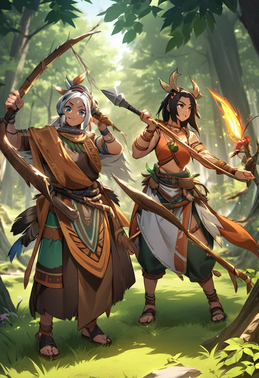 Cariri Tribe: Scenes of the Cariri indigenous tribe engaging in traditional activities in the forest, showcasing their clothing and artifacts that reflect their skills and ancient secrets.(((arcane style))), League of Legends style
