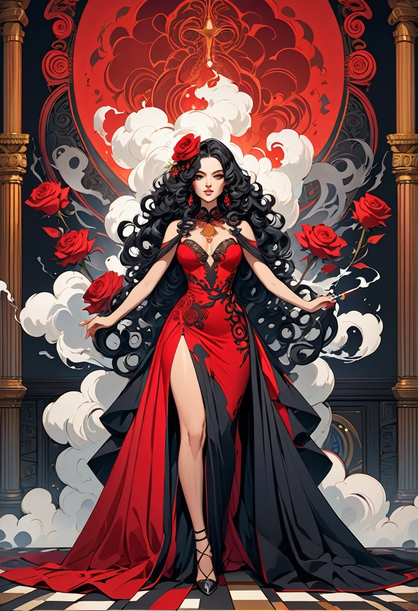 Intricately detailed illustration of a woman with black hair, long and voluminous curly hair, red rose in her left side of hair, Caucasian skin, vibrant red dress with small slit with a black fabric underneath at the bottom showing only in the middle, Smoke a cigarette, full body shot shot, Fantastic, Imaginative, visually rich, atmospheric, Reference of the Brazilian African religion