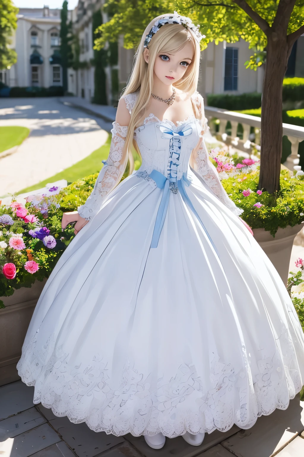 masterpiece,Highest quality,Very detailed,beautiful girl,Gorgeous white gothic lolita dress,Gorgeous necklace, teenager, (full body),Blonde,blue eyes,Perfect Face,Beautiful and detailed eyes,Beautiful Skin,skinny,Dynamic,Outdoor,Beautiful flowering garden,Lots of flowers