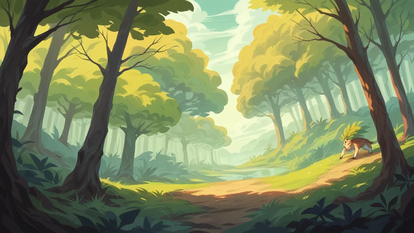 a forest, should have a few pops of color within its flora the parallax should have some bursts of sunlight coming through the canopy but mostly feel like dense foliage, A mountain side with some boulders of varying sizes and some greens as well as other flora just more sparse , the parallax should be an open blue sky with white puffy clouds.