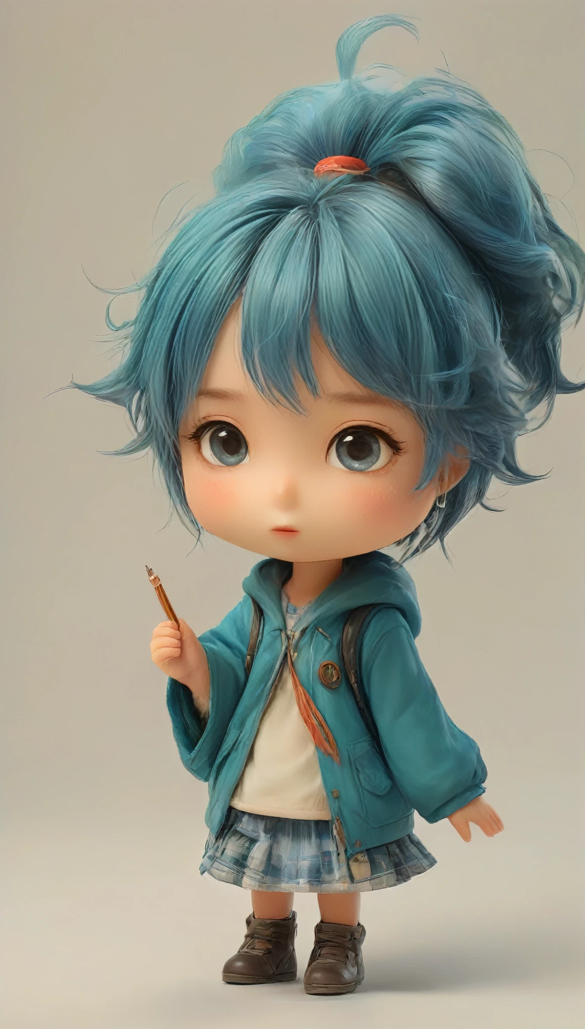The Style of Kawanabe Kyosai、Little、Big Face、Big eyes、Girl、Hatsune Miku、White hoodie、Standing posture、Simple Background