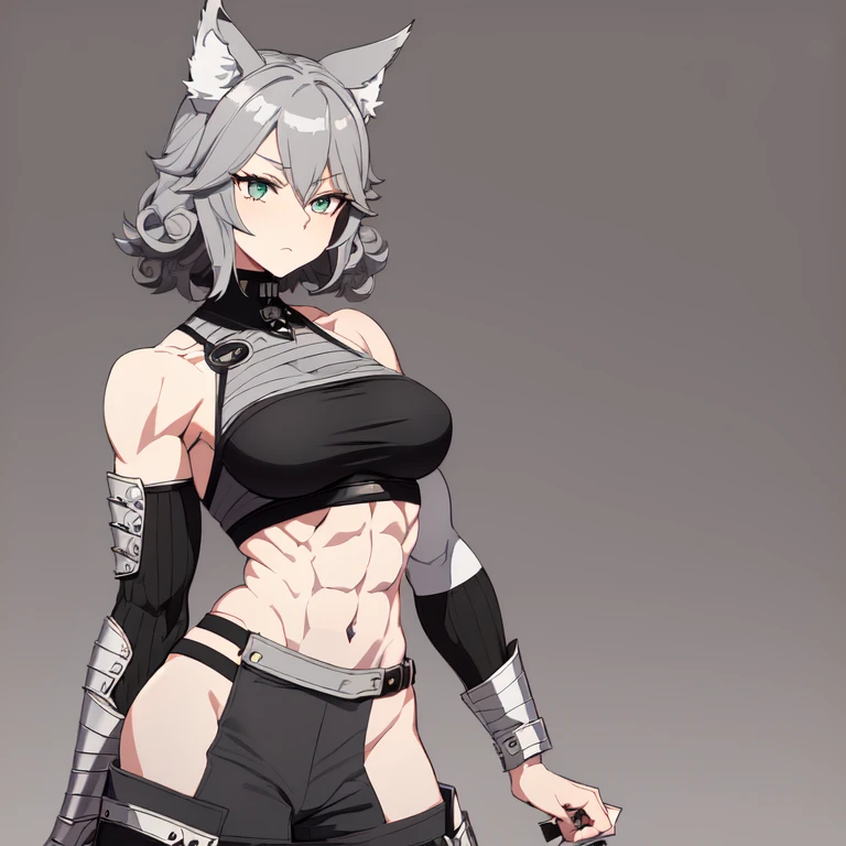 (adult female:1.2), (solo:1.2), (curly gray long short hair:1.15), (gray hair:1.2),(green eyes:1.1), (tube top, sarashi,silver shoulder pads, bandaged arms, black trousers:1.35), (medium breast:1.1), (silver battle gauntlets:1.25), (fluffy wolf ears:1.05), (fluffy wolf tail:1.05), (abs, muscular body:1.4), (lappland (arknights):1.05), (outline character style:0.9)