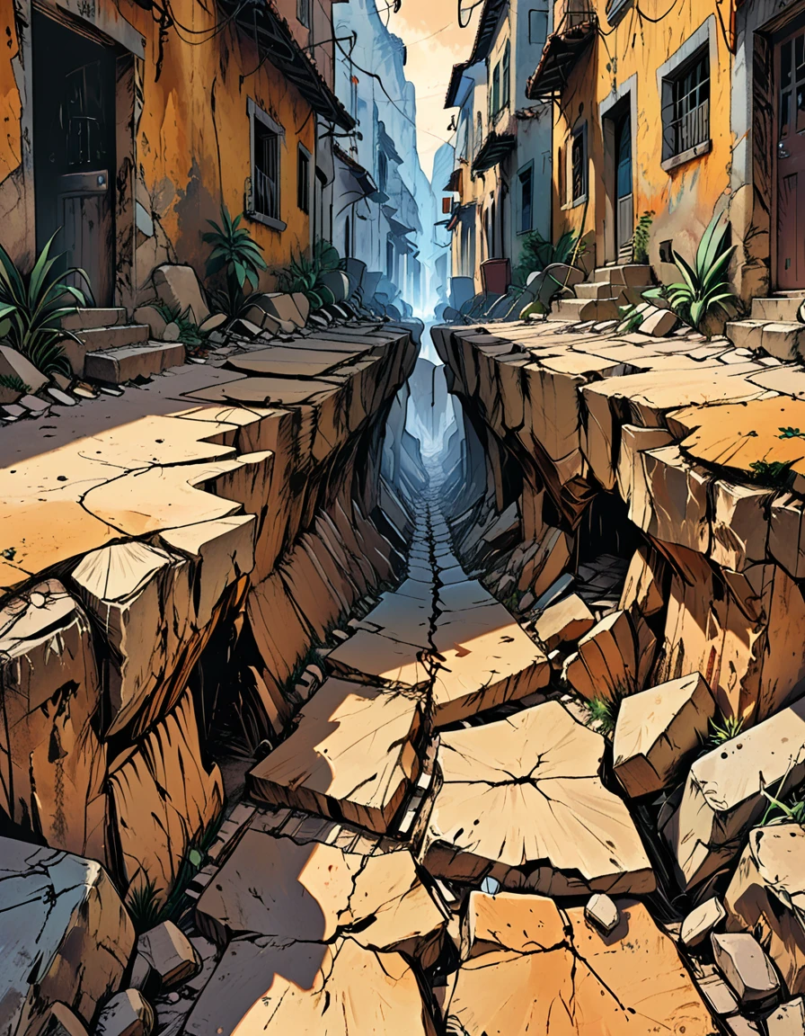 earthquake, splitting of the earth,deep crack on the ground macro close-up, tropical street with shocked people, cracks,shocked people,cave, graphic style of novel comics, 2d, 8k, hyperrealism, masterpiece, high resolution, best quality, ultra-detailed, super realistic, Hyperrealistic art, high-quality, ultra high res, highest detailed, lot of details, Extremely high-resolution details, incredibly lifelike, colourful, soft cinematic light,